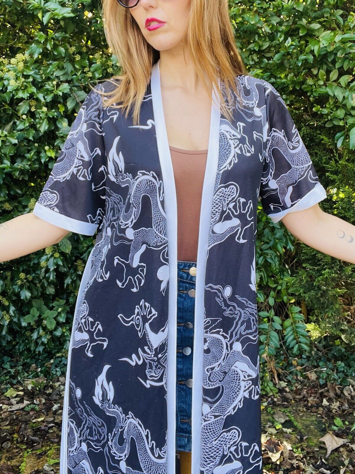 Vintage 70s Oriental Kimono Japanese Robe Dragon Flame Design Dressing Gown 12