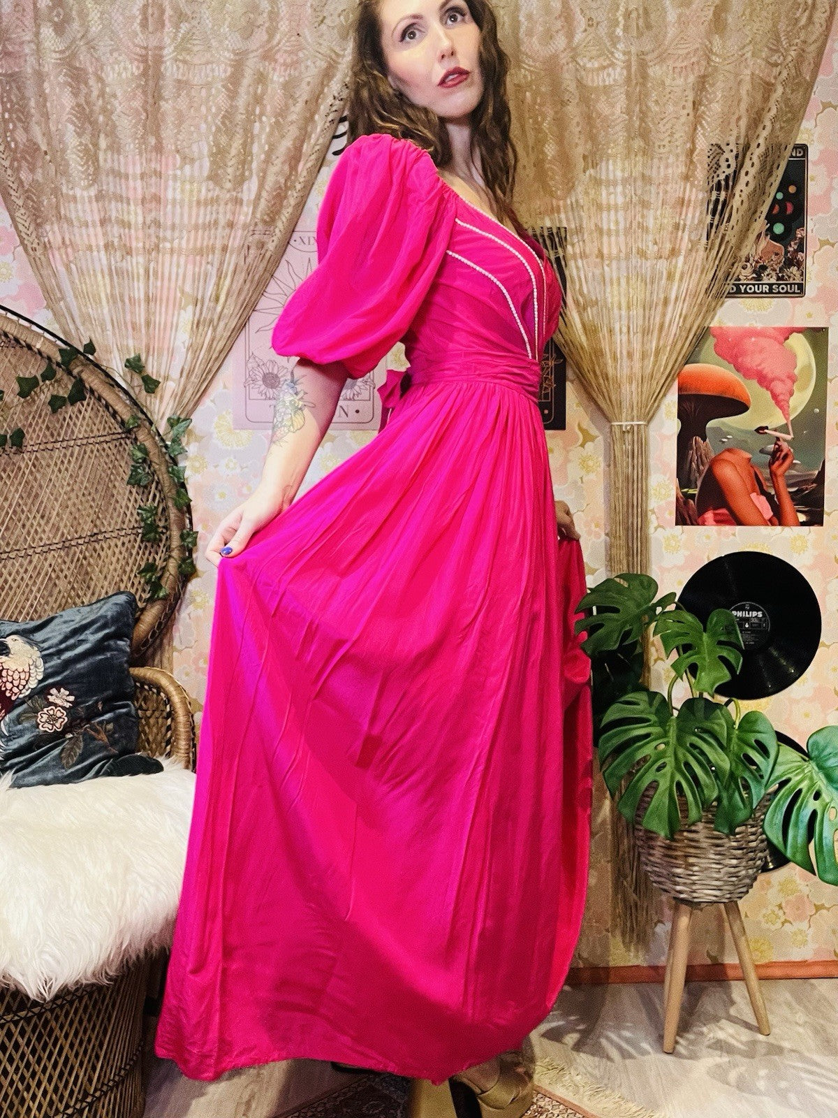 Vintage 1980s Puff Sleeve Dress And Tie Waist Hot Pink Cocktail Gown Size 8