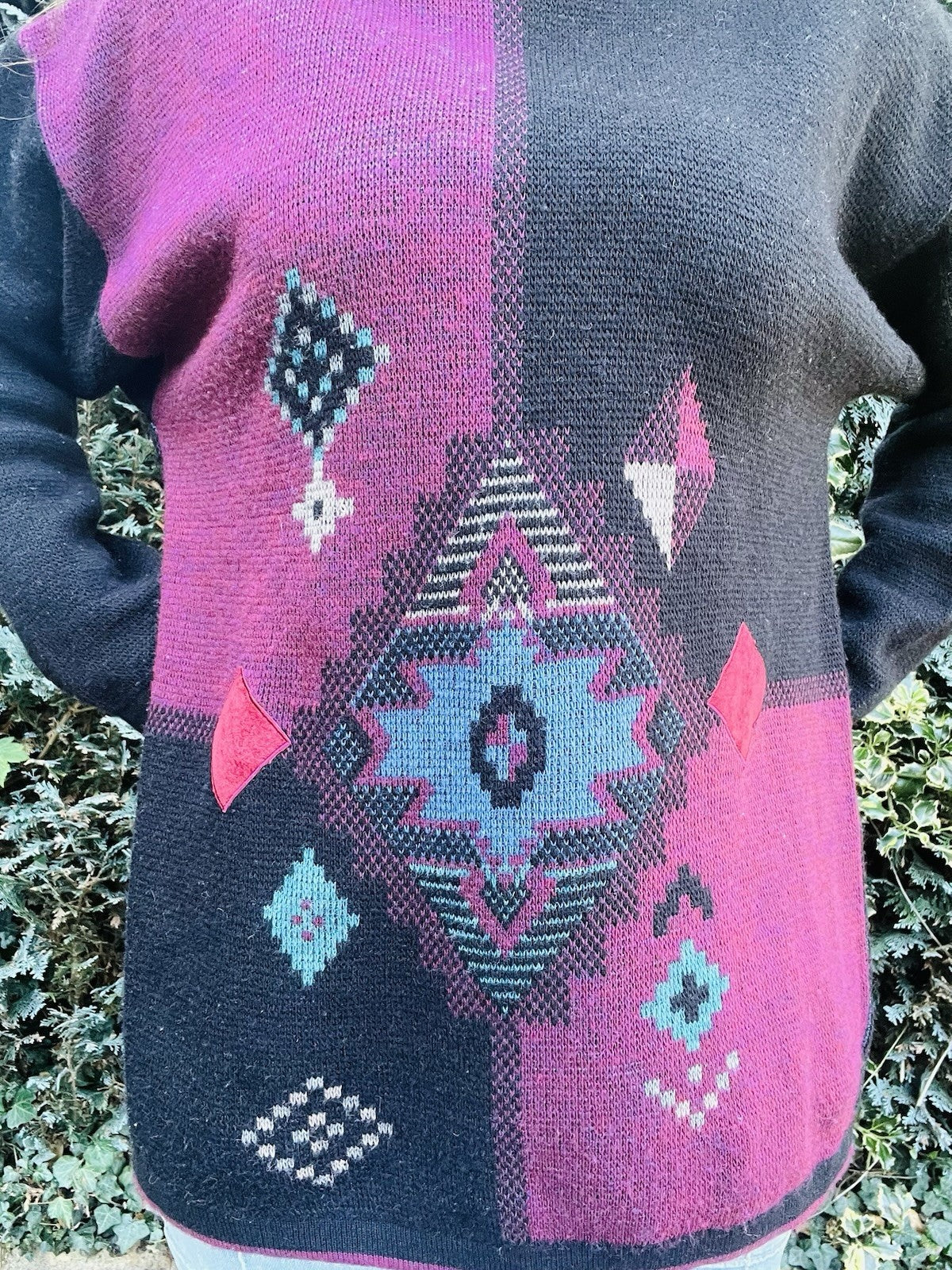 Vintage 1980s Knitted Jumper, Retro Geometric Oversized Wool Blend Knit 14-16