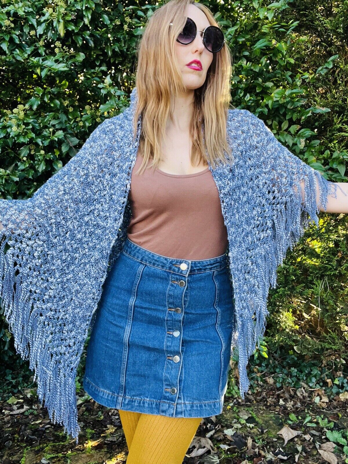 Vintage Boho Crochet Shawl Hippie Triangle Knit Wrap Cape Cottage Whimsy Scarf