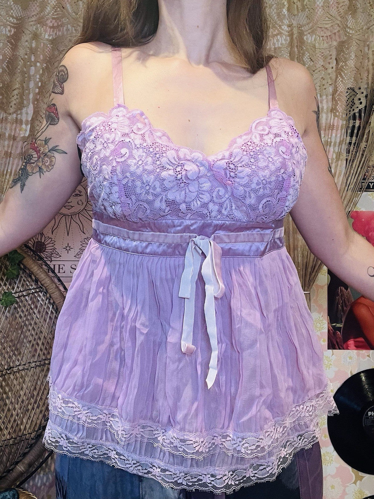 Vintage Y2K Cami Top By Oasis 100% Silk Coquette Frilly Lace Summer Festival 12