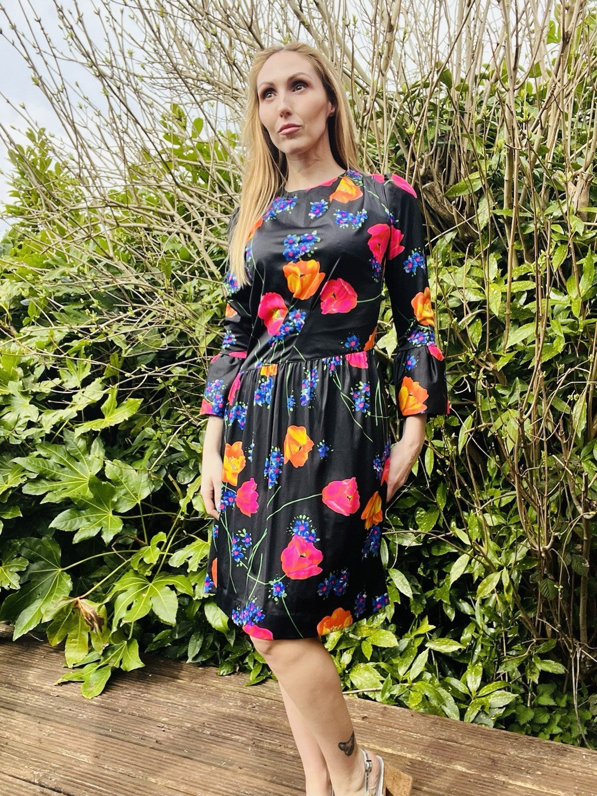 Vintage 1980s Floral Dress Flared Sleeve Assymetric Drop Waist Summer Dress 14