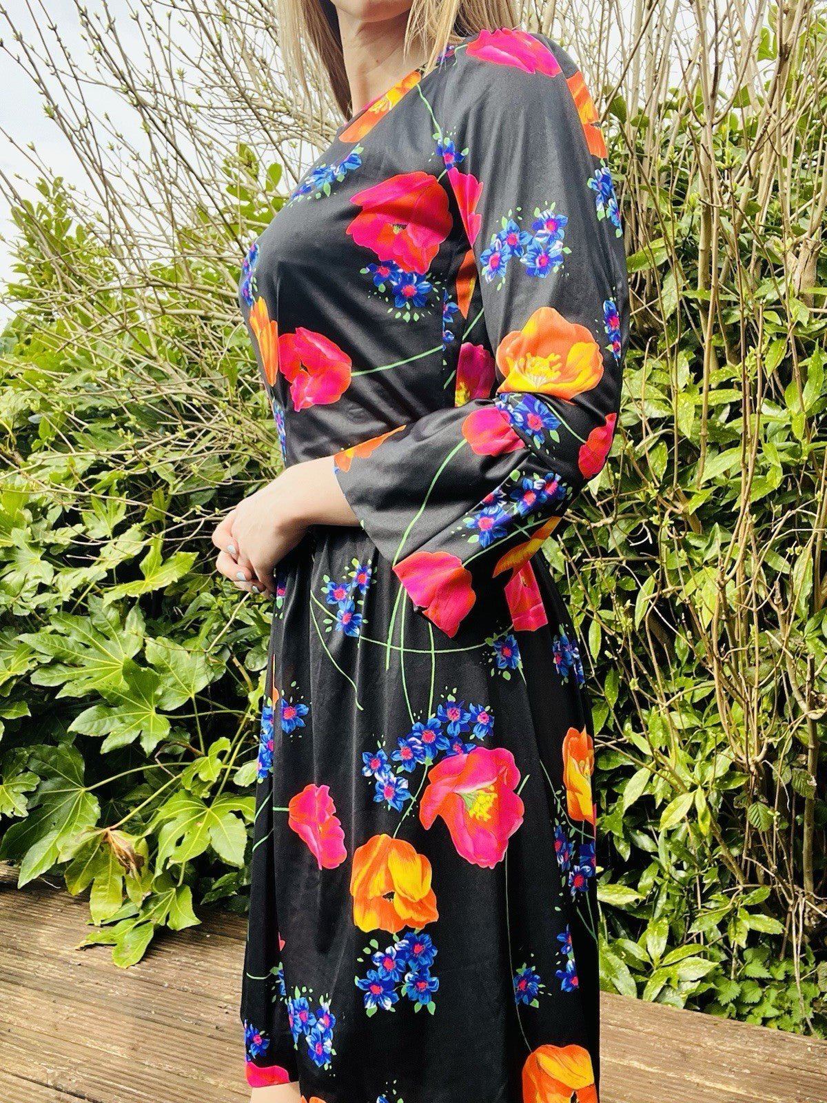 Vintage 1980s Floral Dress Flared Sleeve Assymetric Drop Waist Summer Dress 14