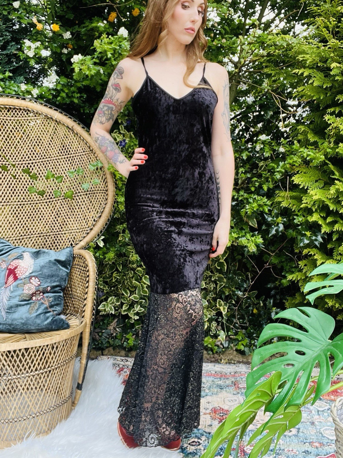 Vintage 1990s Velvet Dress With Lace Hem Spaghetti Straps Fitted Long 12-14