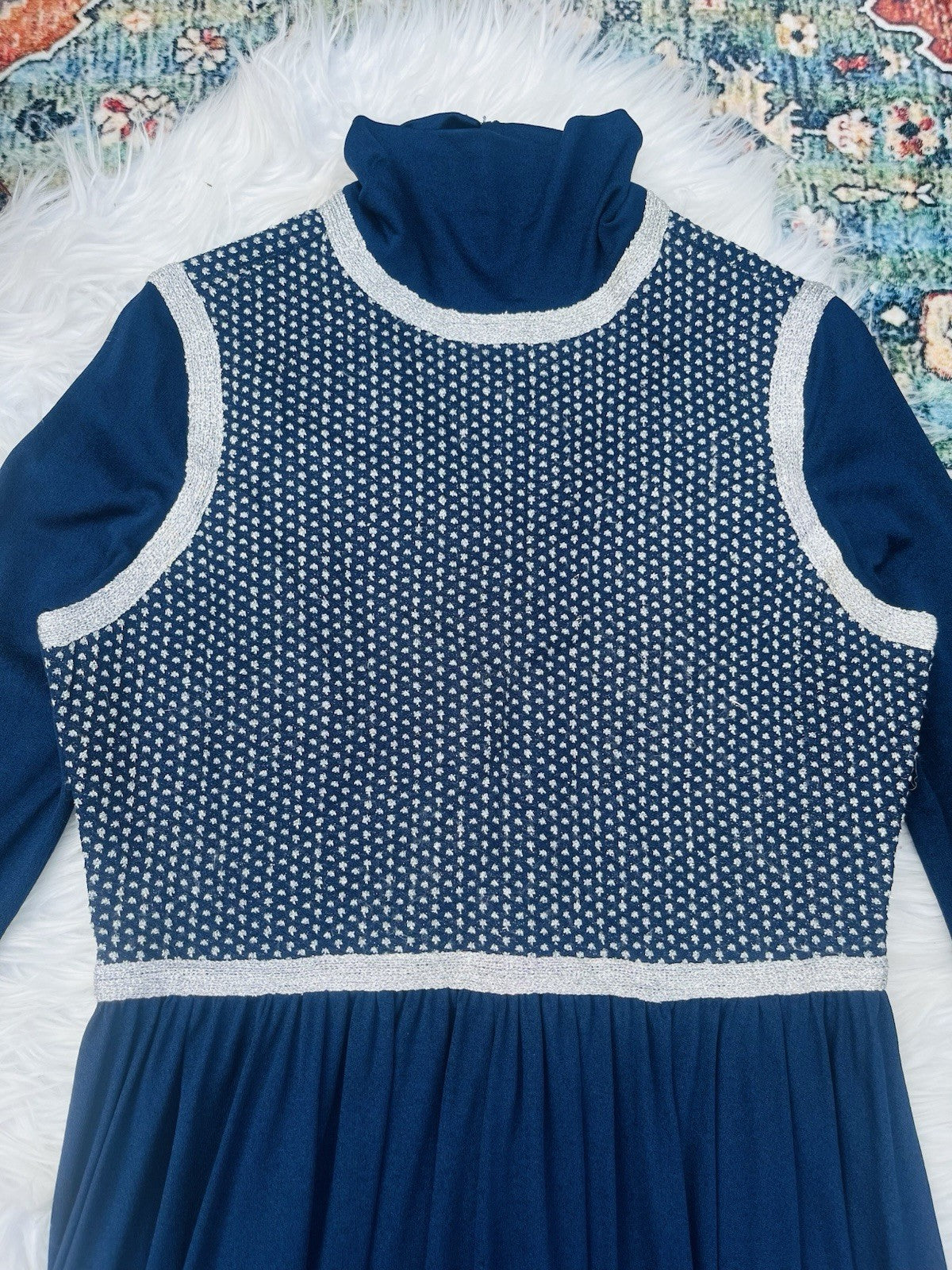 vintage 1960s maxi dress floaty retro long sleeve high neck blue size 12