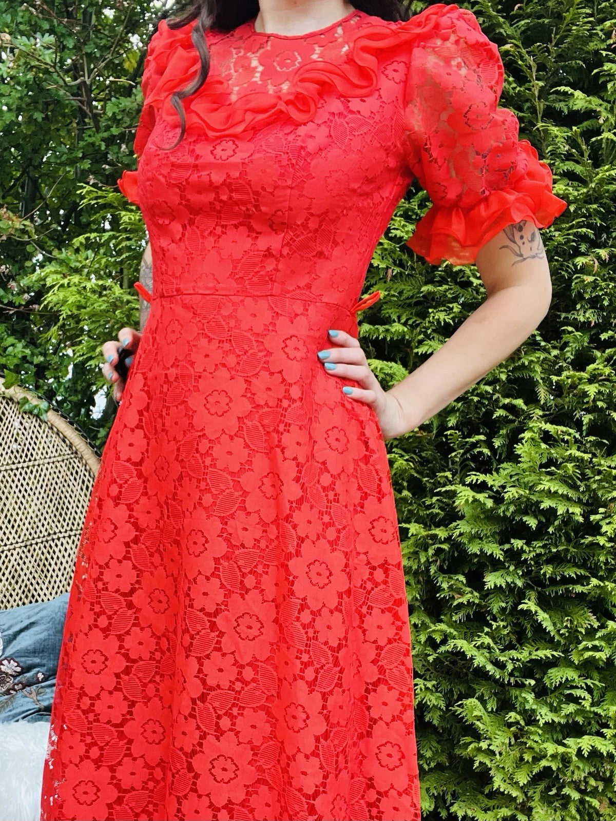 Vintage 1980s Prairie Dress, Long Floral Lace Maxi With Puff Sleeves - Red 10