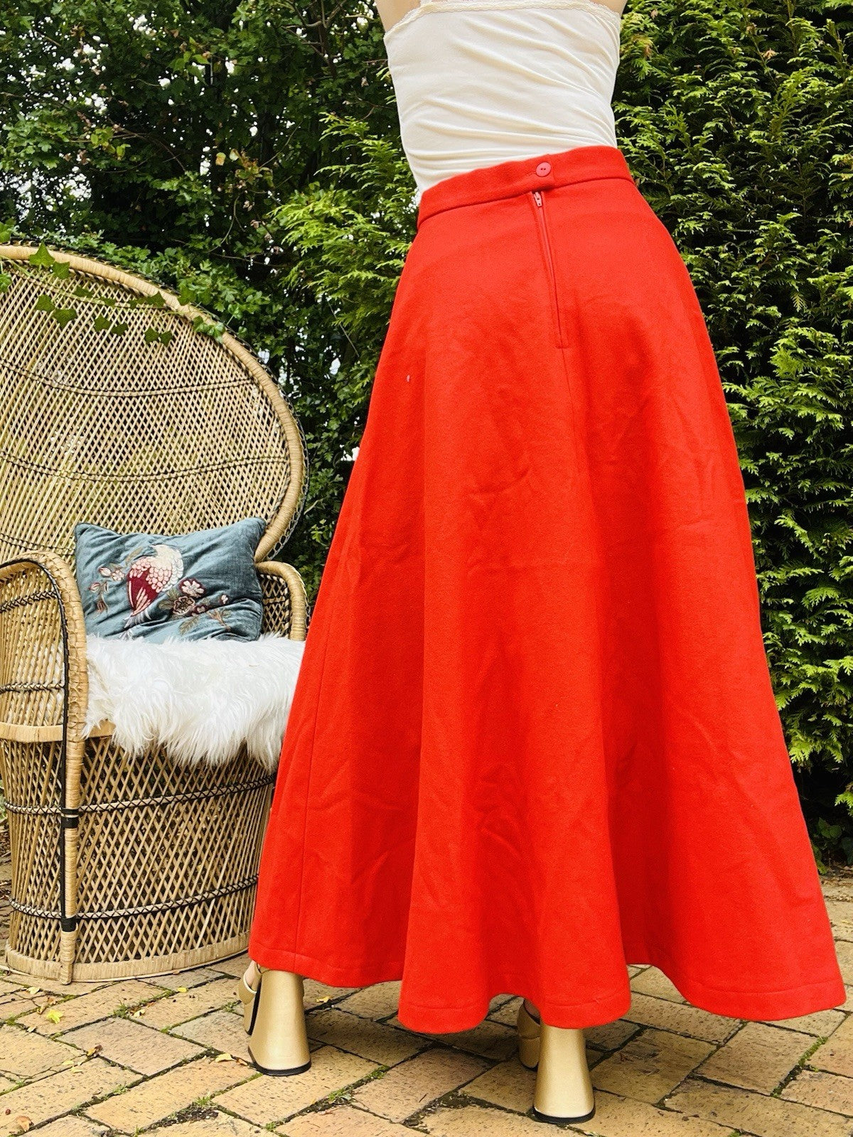 Vintage 1960s Maxi Skirt High Waist Long Skirt With Draw String Ruffle Red 12