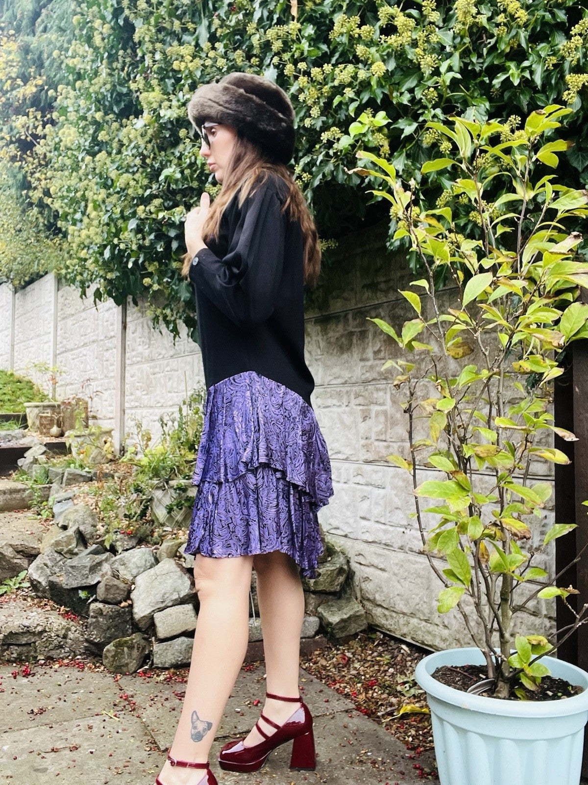 Vintage 1980s Jumper Dress Black Purple Size 16 Long Sleeve Layered Party Dress