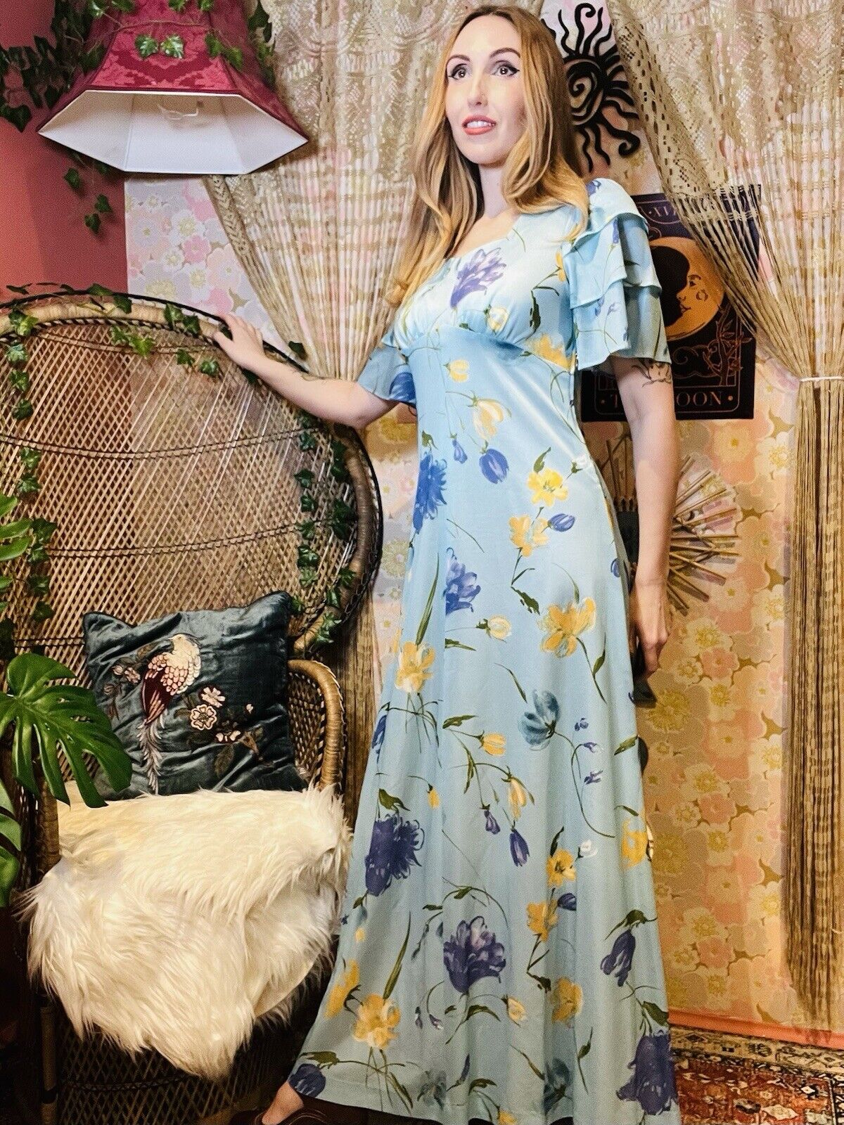 Vintage 1970s Maxi Dress Frilly Layered Sleeve Long Summer Floral Dress Blue 14
