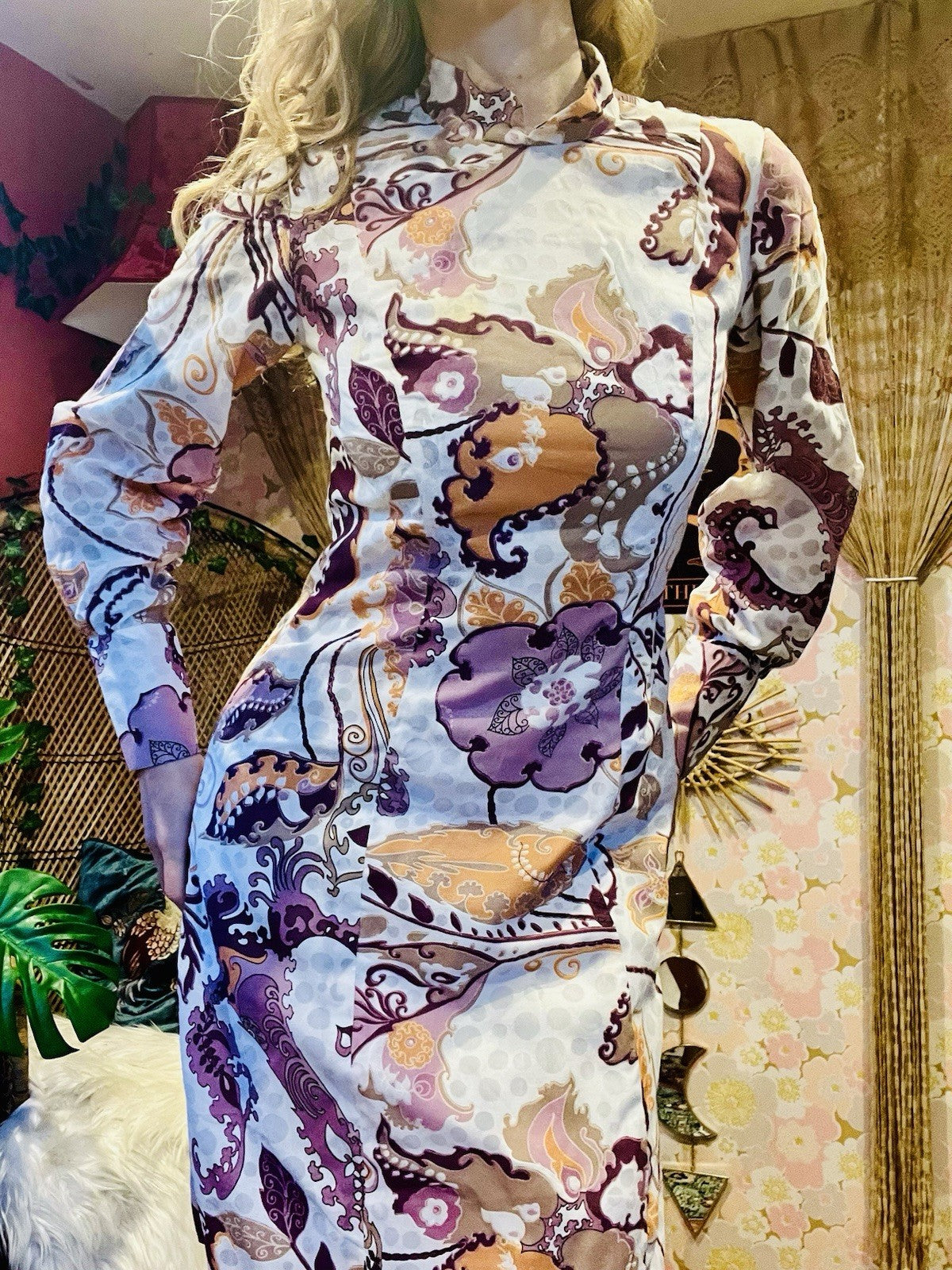 vintage 1960s psychedelic Dress Long Sleeve High Neck Retro Print Dress Size 12