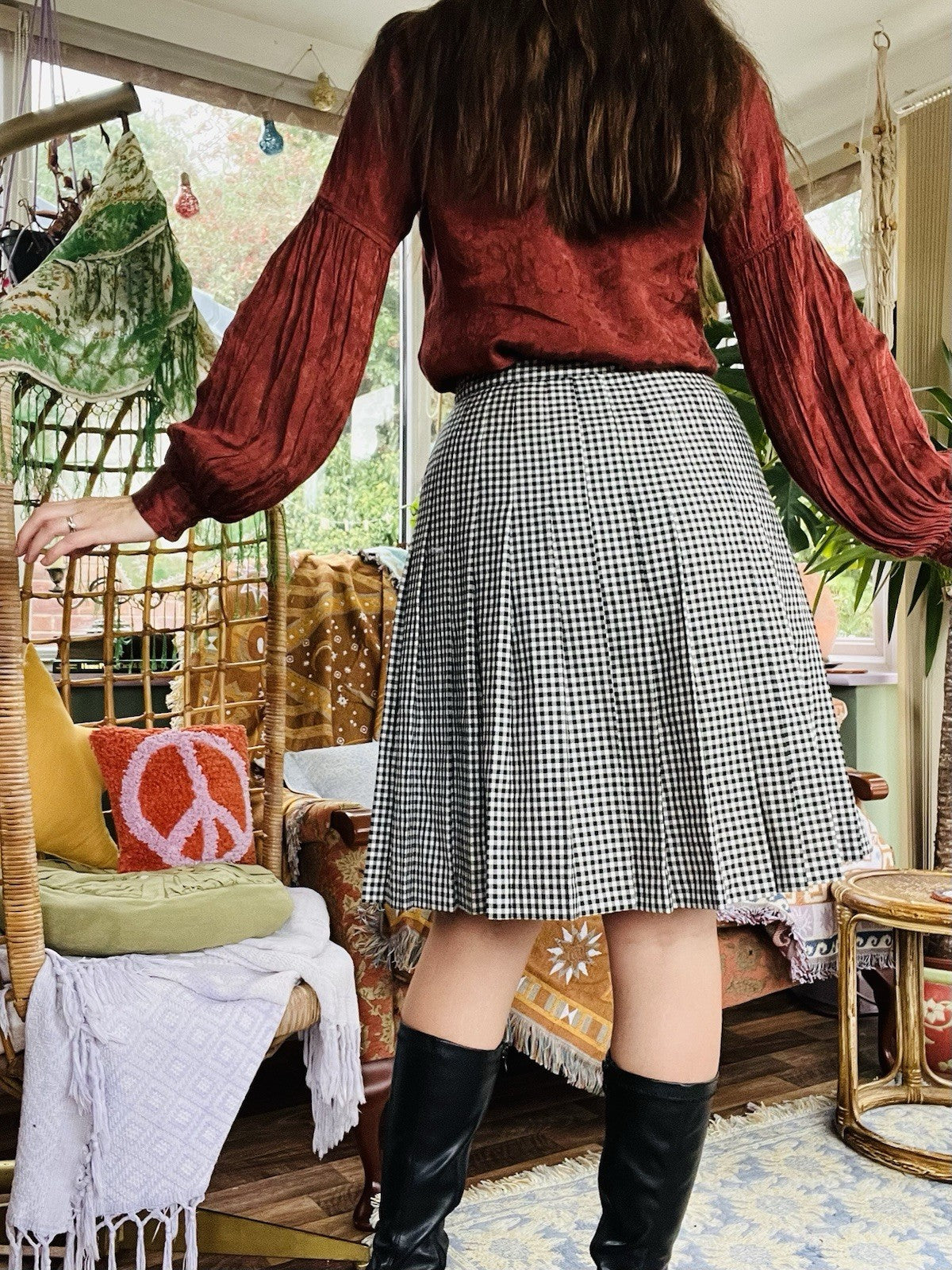 Vintage 1980s Check Skirt, Pleated Plaid Tartan Kilt Style Skirt Black White 10
