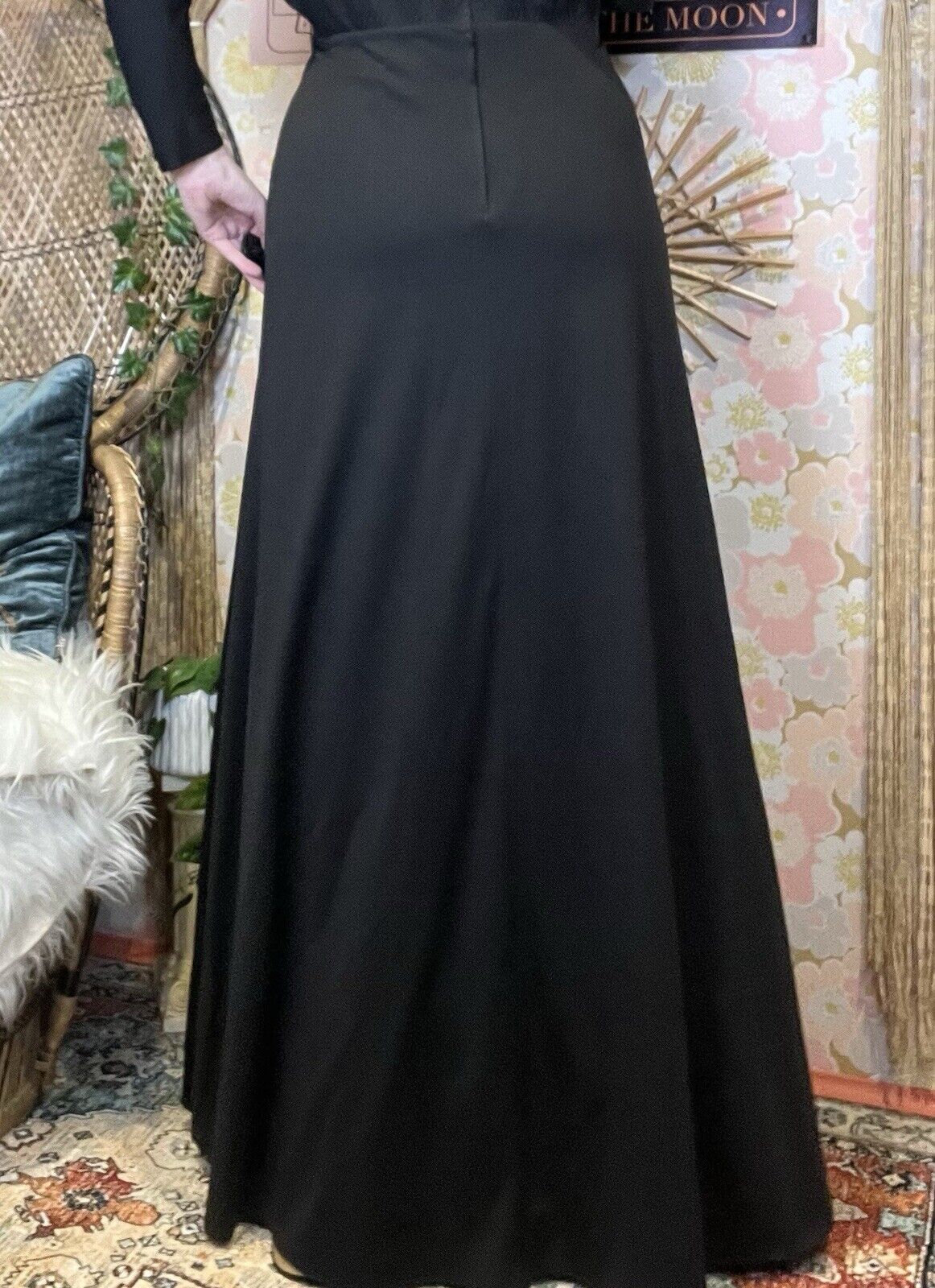 Vintage 1970s Maxi Dress Long Batwing Sleeves And Lace Detail Black Size 10
