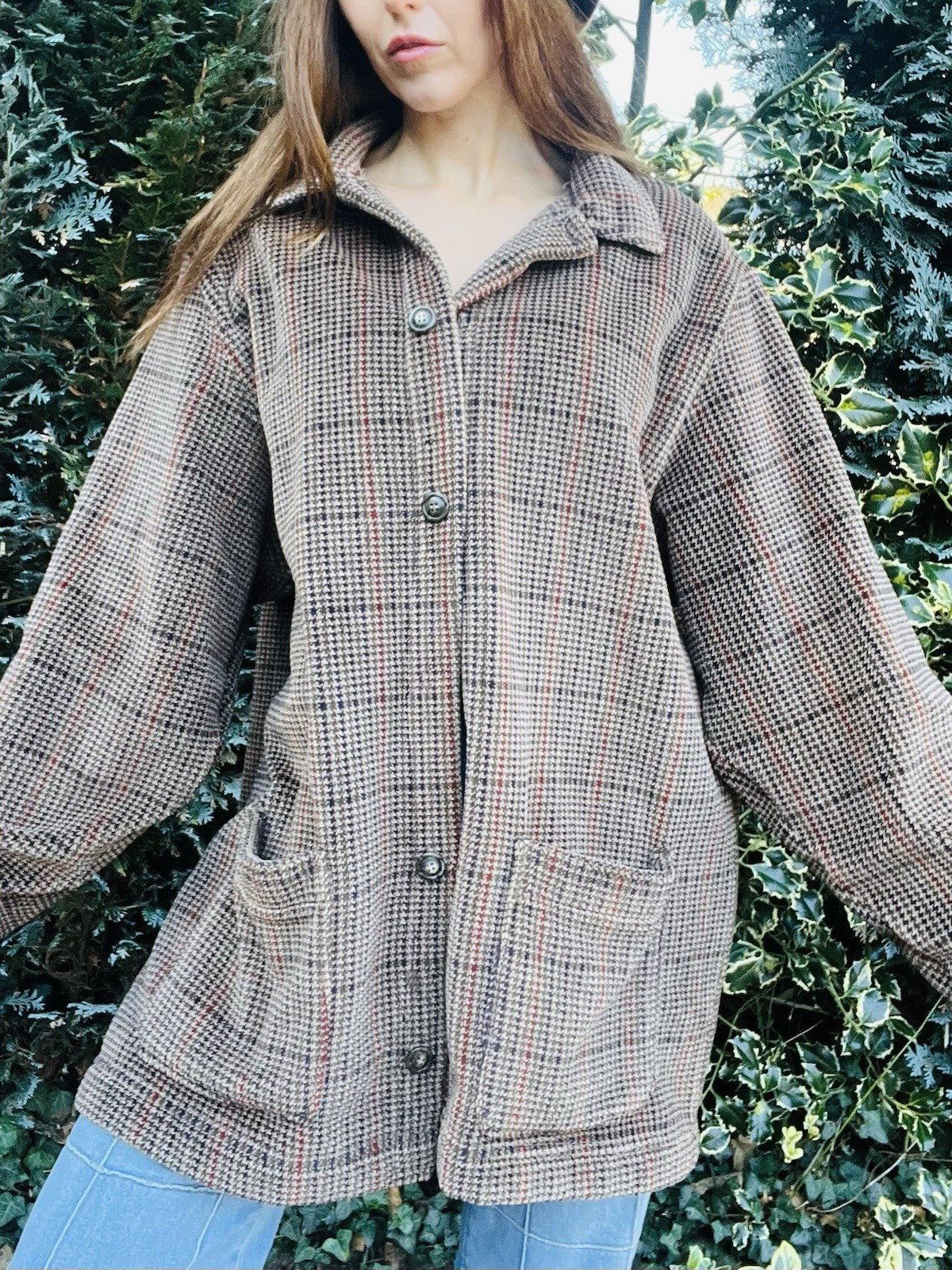 Vintage 80s Fleece Jacket, St Micheal Check Dogtooth Houndstooth Fluffy Coat XL
