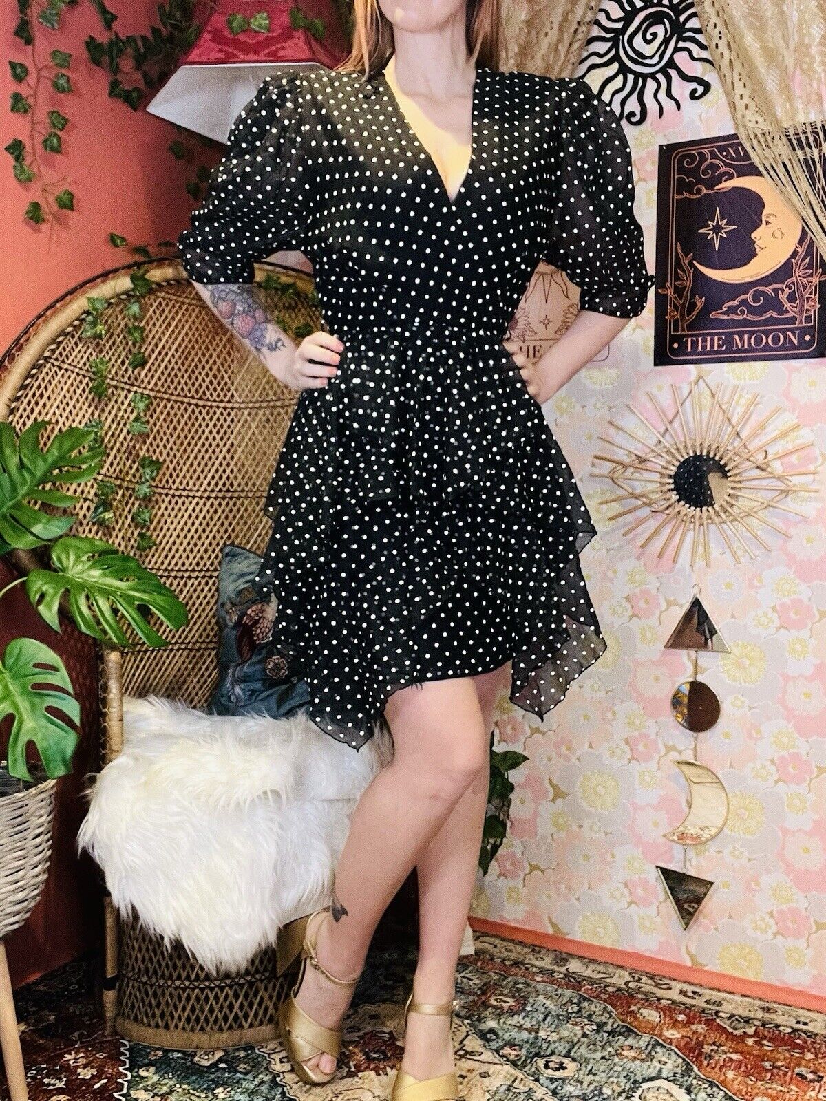 Vintage 1980s Polcadot Dress By Yessica Retro Floaty Assymetric Design Black 8