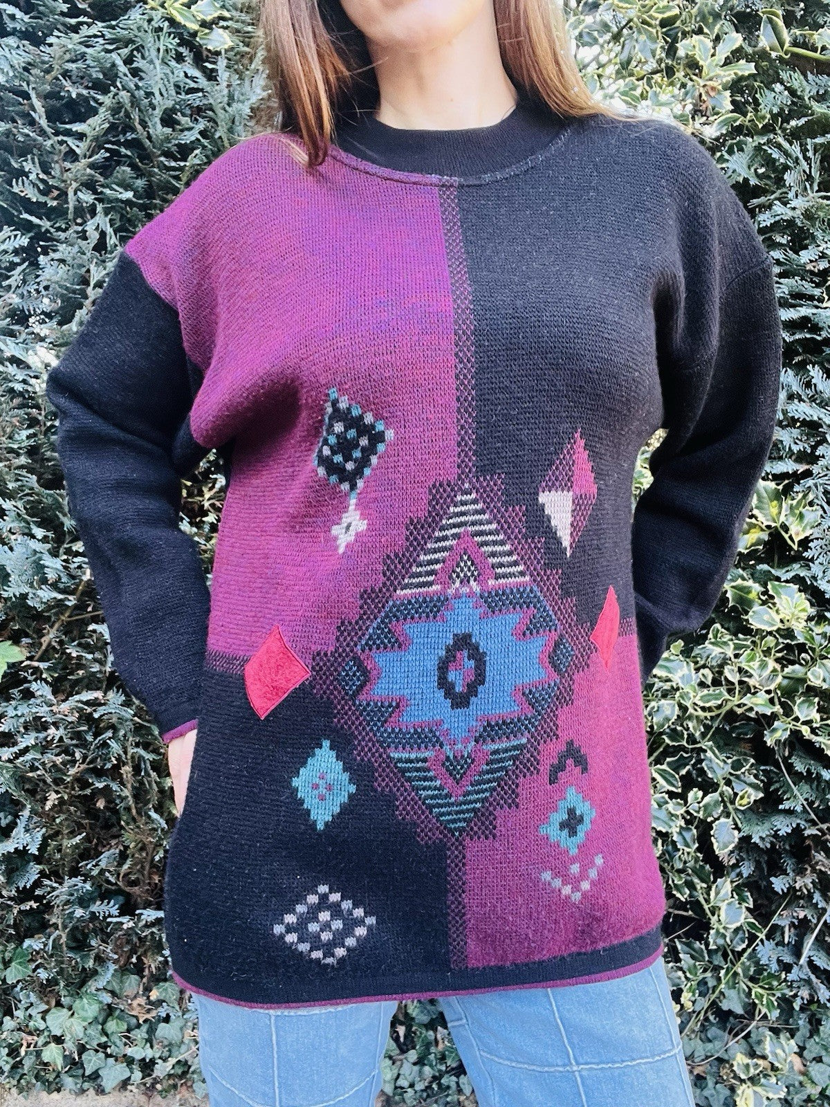 Vintage 1980s Knitted Jumper, Retro Geometric Oversized Wool Blend Knit 14-16