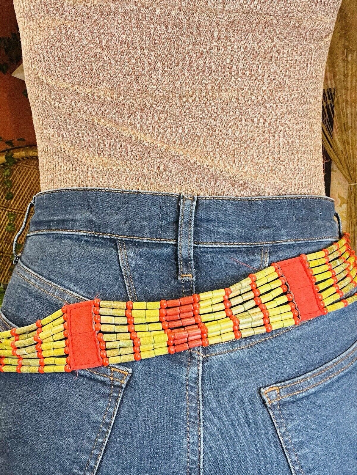 Vintage Boho Hippie Belt Beaded Rope Chain Waist Jewellery Red Green 35inch