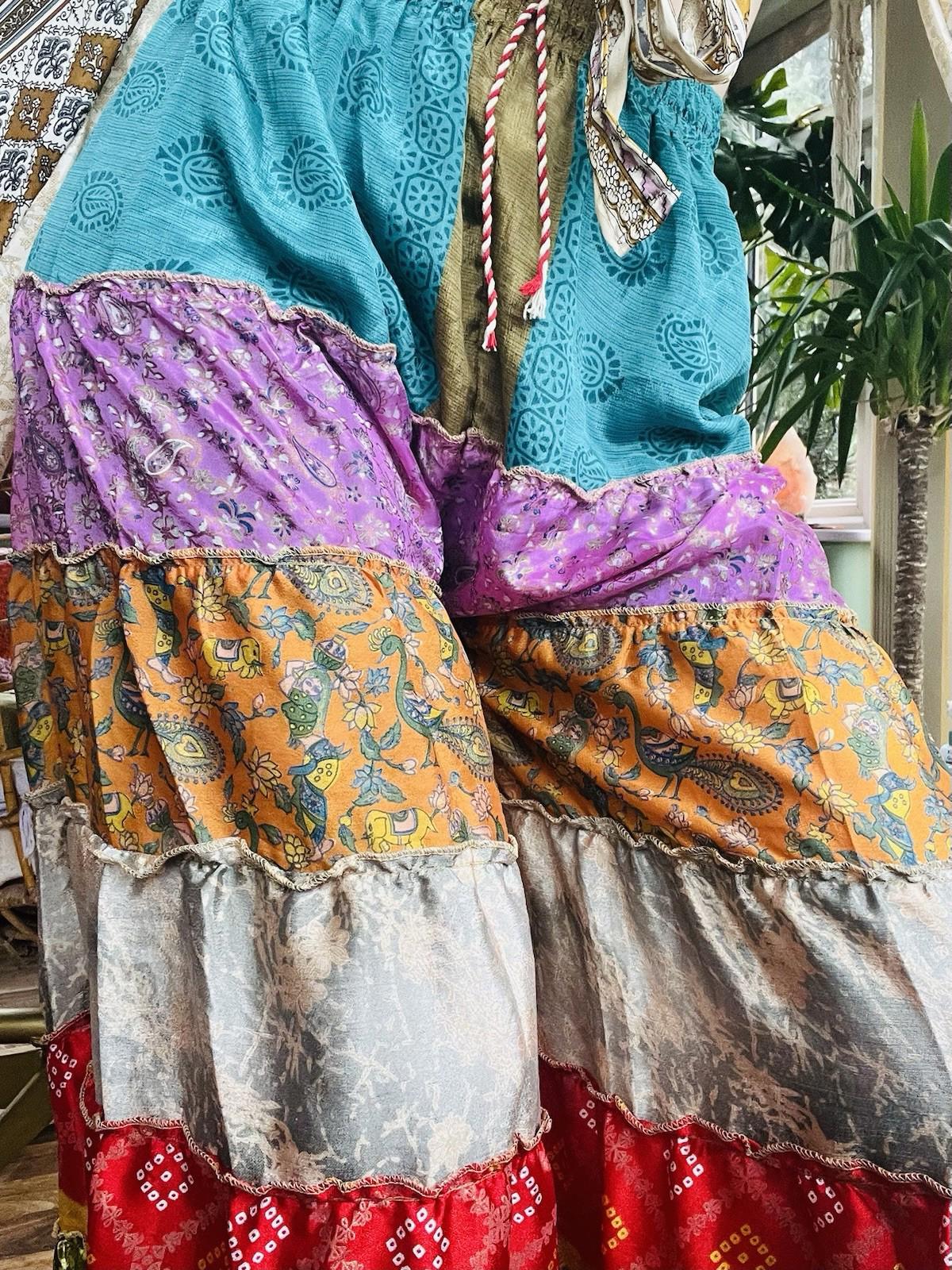 Wide Leg Trousers Vintage Patchwork Layered Sari Silk Hippie Boho Gypsy Pants M