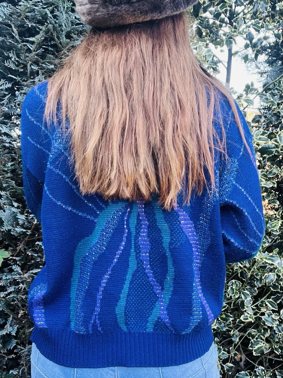 Vintage 1980s Knitted Jumper, Blue Retro Design Winter Knit - Blue Size L