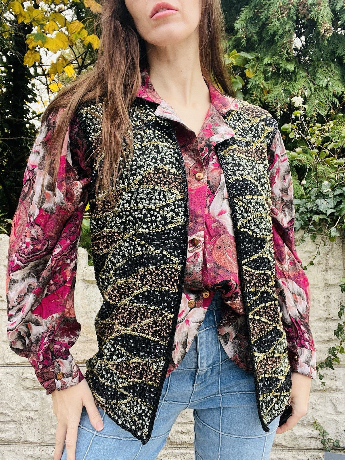 Vintage 80s Sequin Waistcoat Black Gold Size 10 100% Silk 1980s Sparkly Top