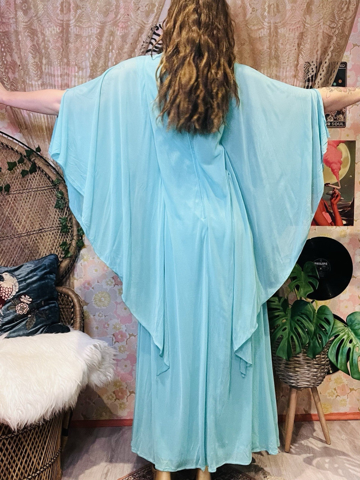 Vintage 1970s Maxi Dress Flared Angel Sleeve Floaty Layered Hippie Dress Blue 14