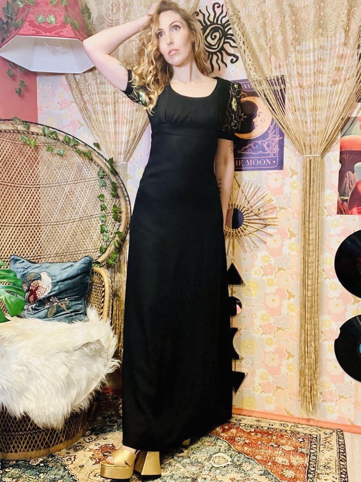 Vintage 1970s Maxi Dress Empire Waist With Embroidered Puff Sleeves Black 12