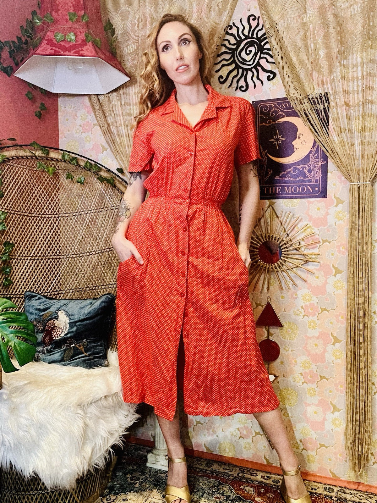 Vintage 1970s Shirt Dress Rockabilly Polkadot Collared Short Sleeve Dress Red 12