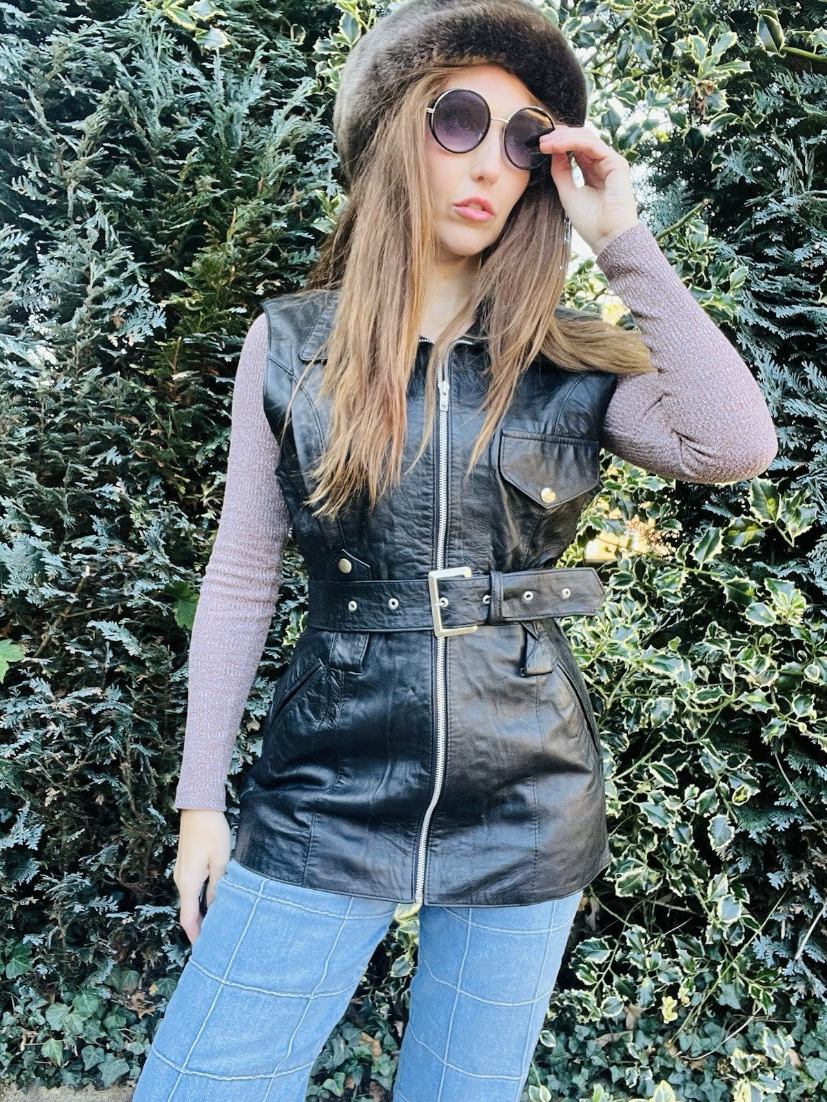 Vintage 70s 80s Leather Gilet, Retro Black Belted Sleeveless Jacket Size 10-12