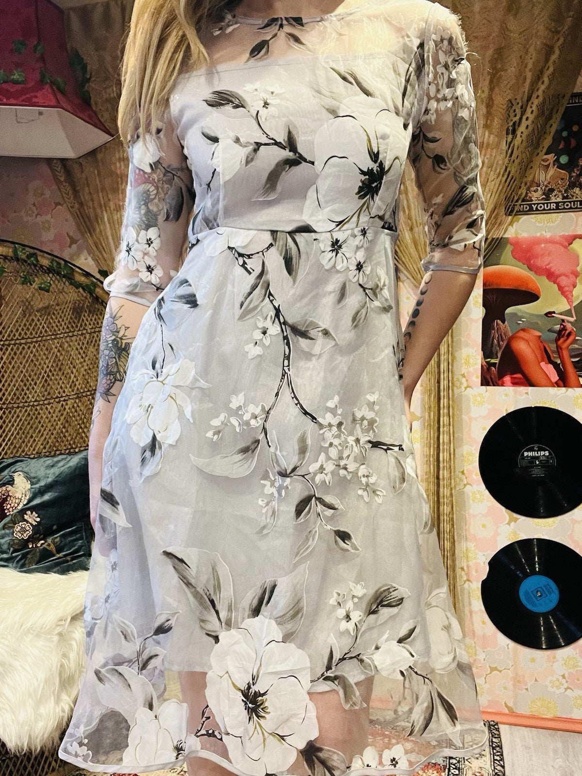 Layered Floral Summer Dress By Gorgeous Floaty Overlay Sheer Sleeves Grey 10