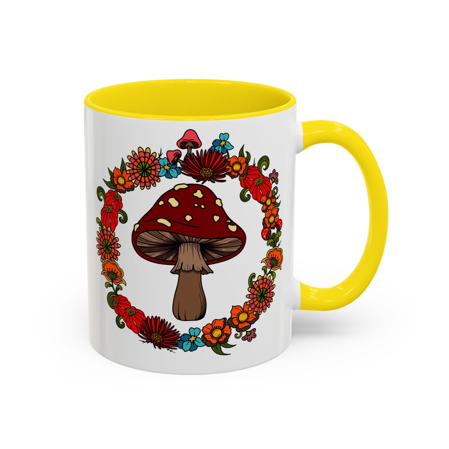 Flower and mushroom mug, Retro Floral 60s 70s tea and coffee cup, Colourful hippie flower power ceramic mug