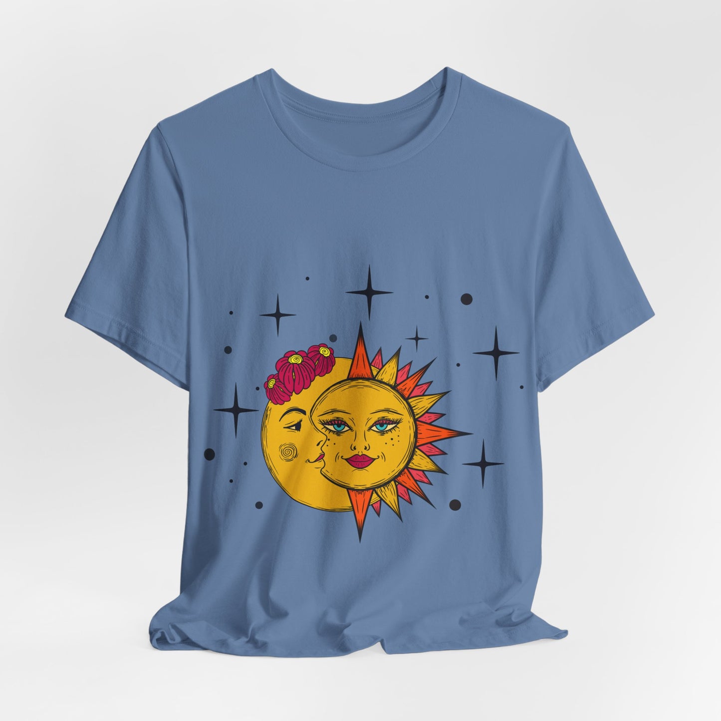 Celestial Sun and Moon Tshirt, Boho Stars and flowers Tee, Galaxy Graphic Shirt, whimsical Top