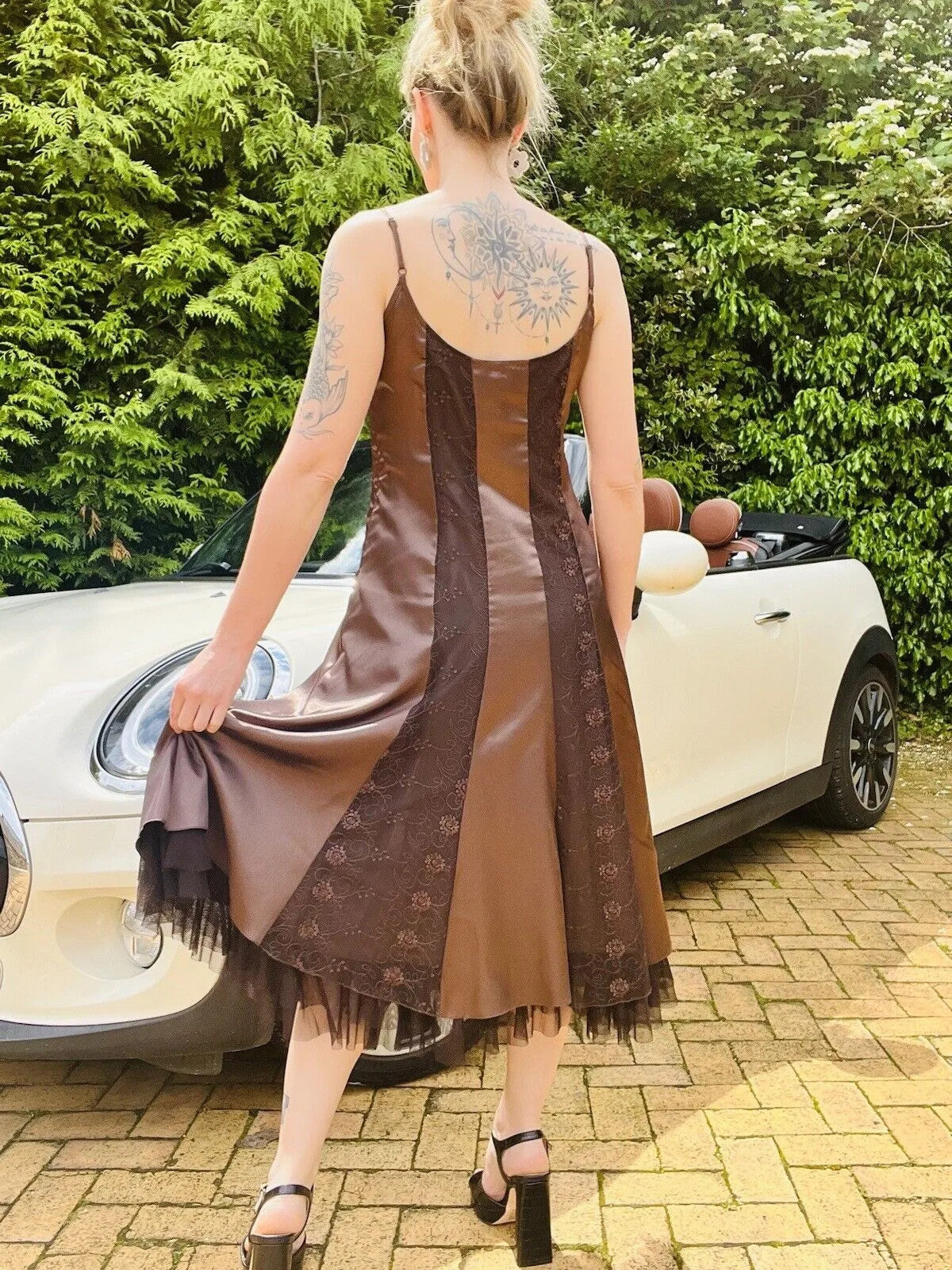 Vintage Y2K strappy Dress brown Size 12 L By Per Una Satin And Lace Whimsigoth