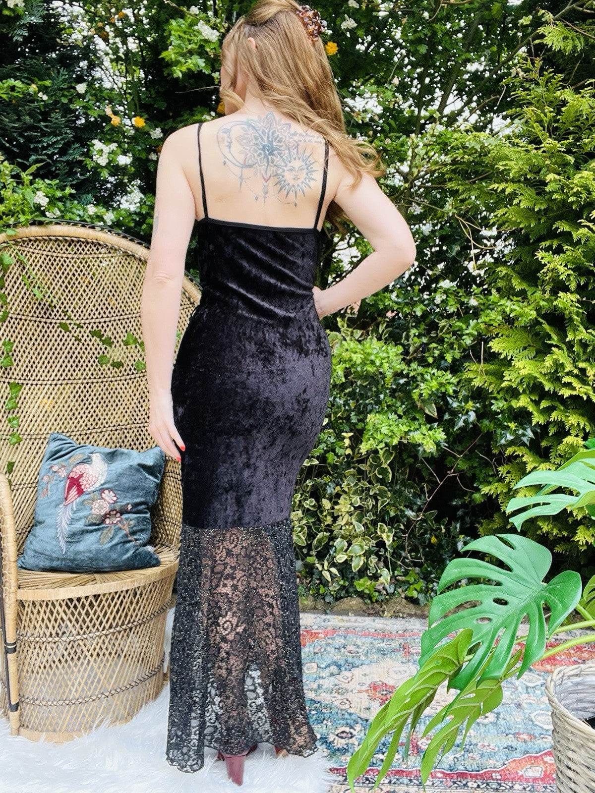 Vintage 1990s Velvet Dress With Lace Hem Spaghetti Straps Fitted Long 12-14