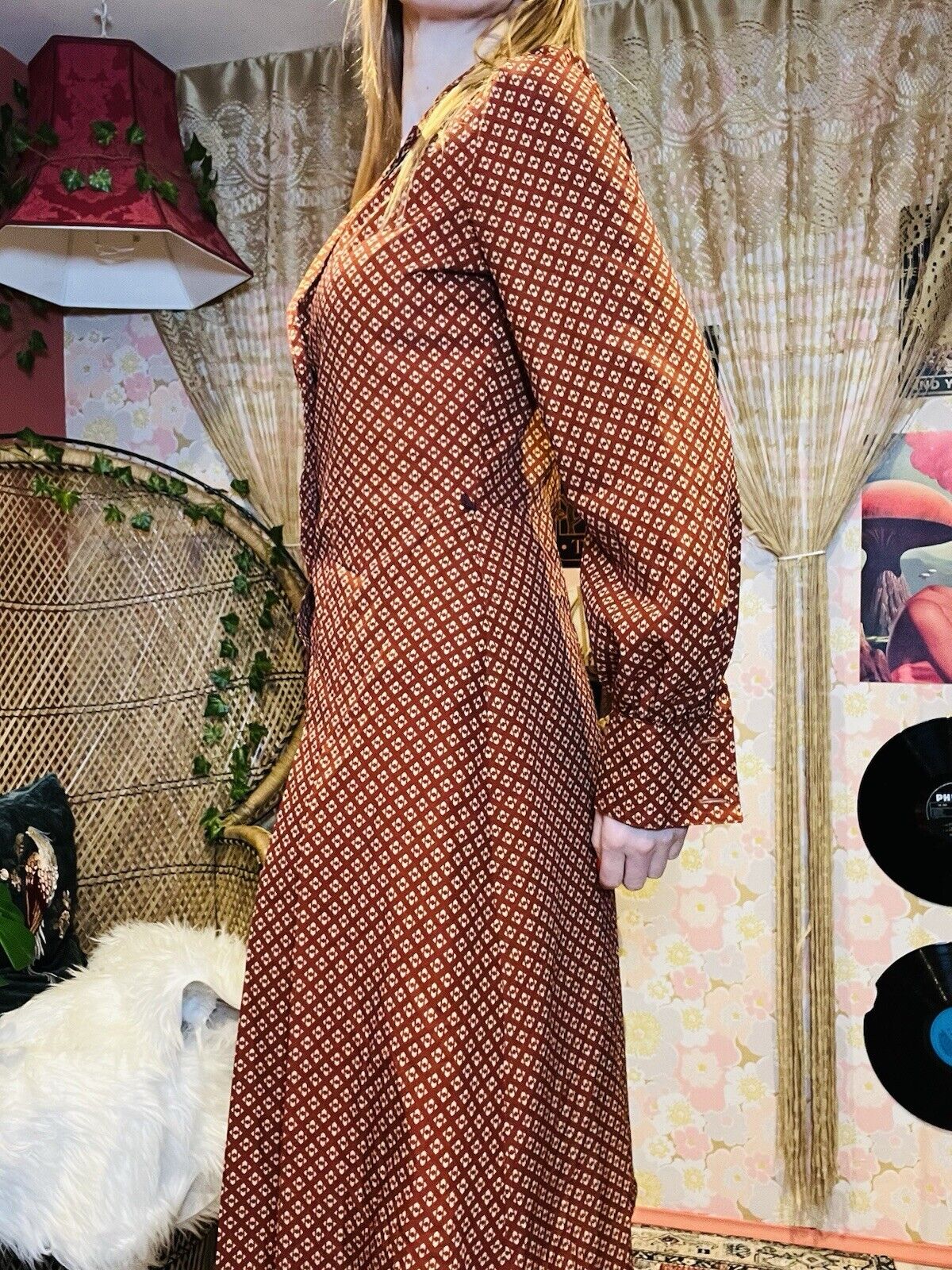 Vintage 1970s Shirt Dress Pleated A Line Collared Long Sleeves Office Work 12