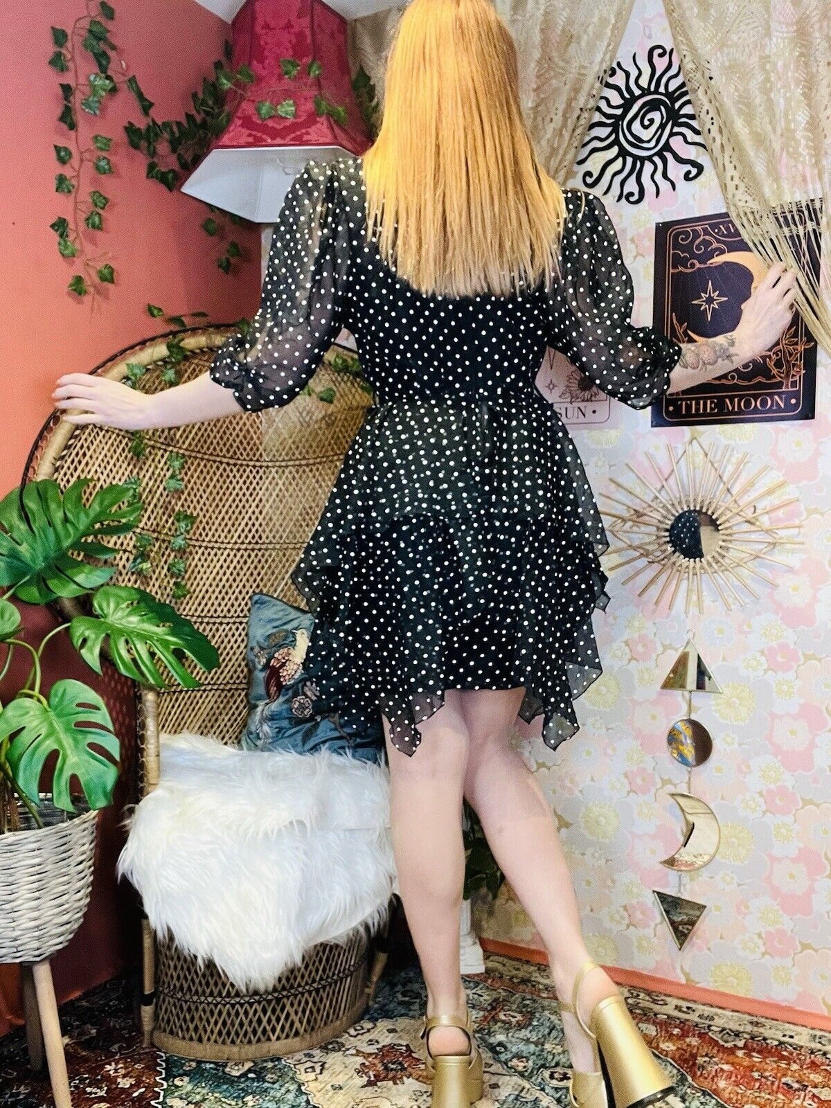 Vintage 1980s Polcadot Dress By Yessica Retro Floaty Assymetric Design Black 8