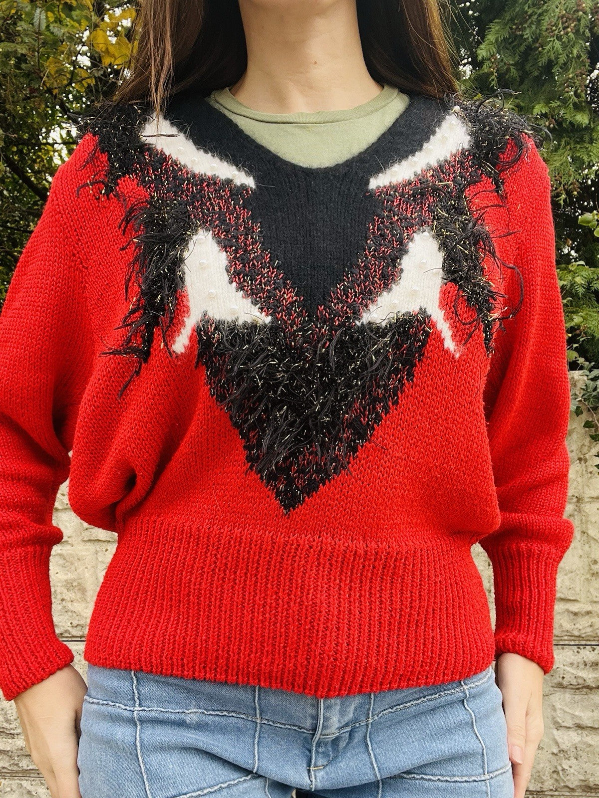 Vintage 1980s Lint Jumper Retro Funky Bold Knitted Sweater V Neck Red M