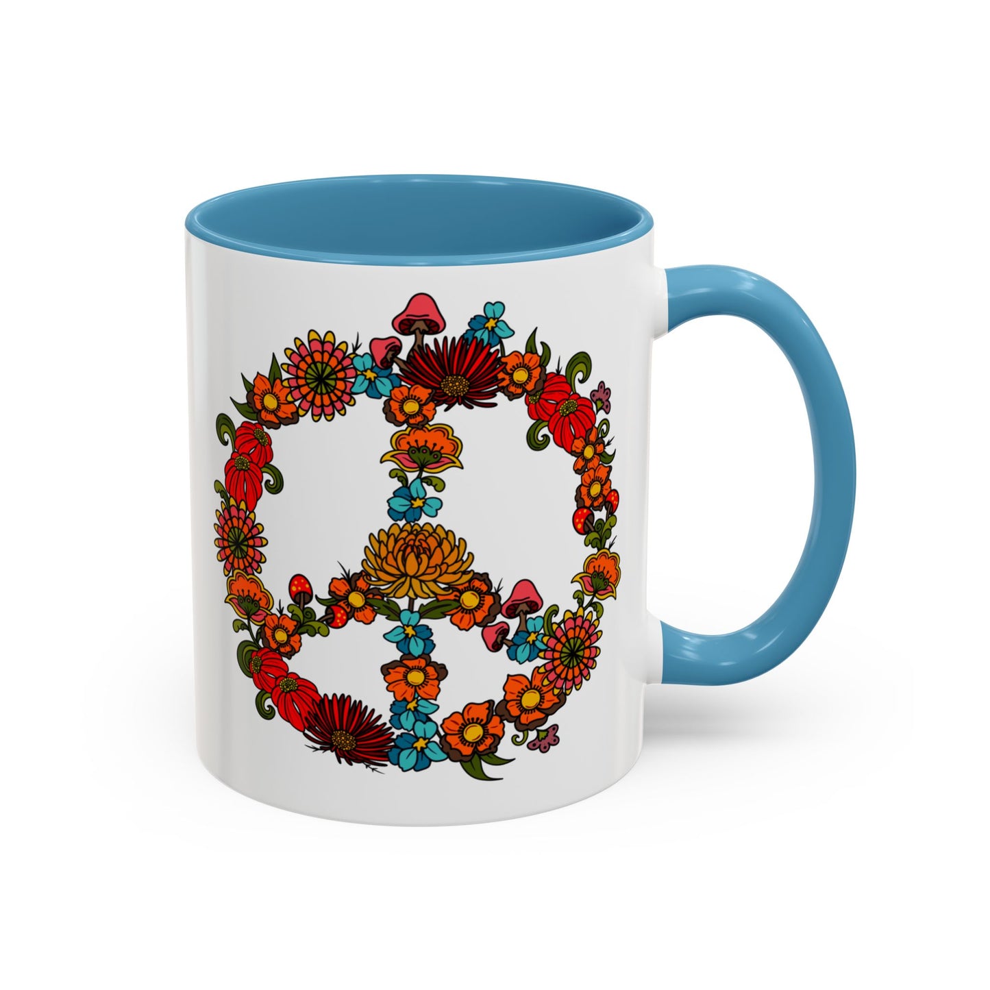 Hippie Peace Sign mug, Retro Floral 60s 70s tea and coffee cup, Colourful CND flower power ceramic mug