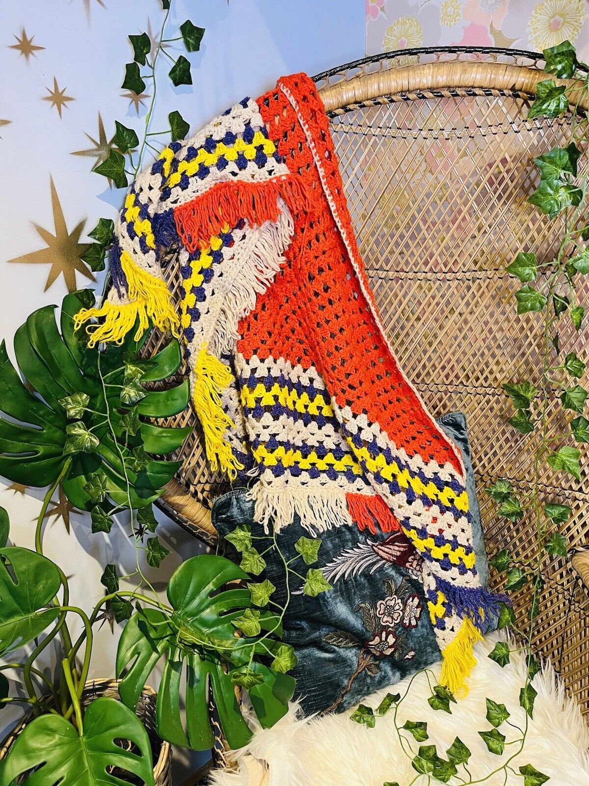 Vintage Boho Crochet Shawl Hippie Triangle Knit Wrap Cape Cottage Whimsy Scarf
