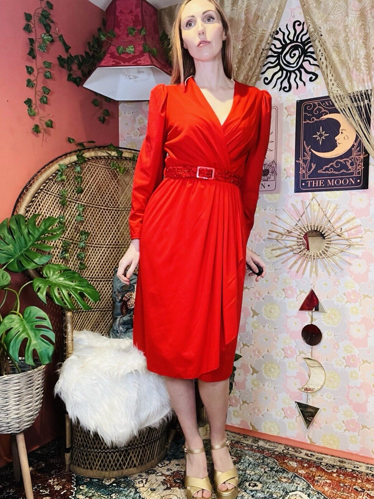 Vintage 1980s Wrap Style Dress Long Sleeve With Sparkly Belt Red Size 10