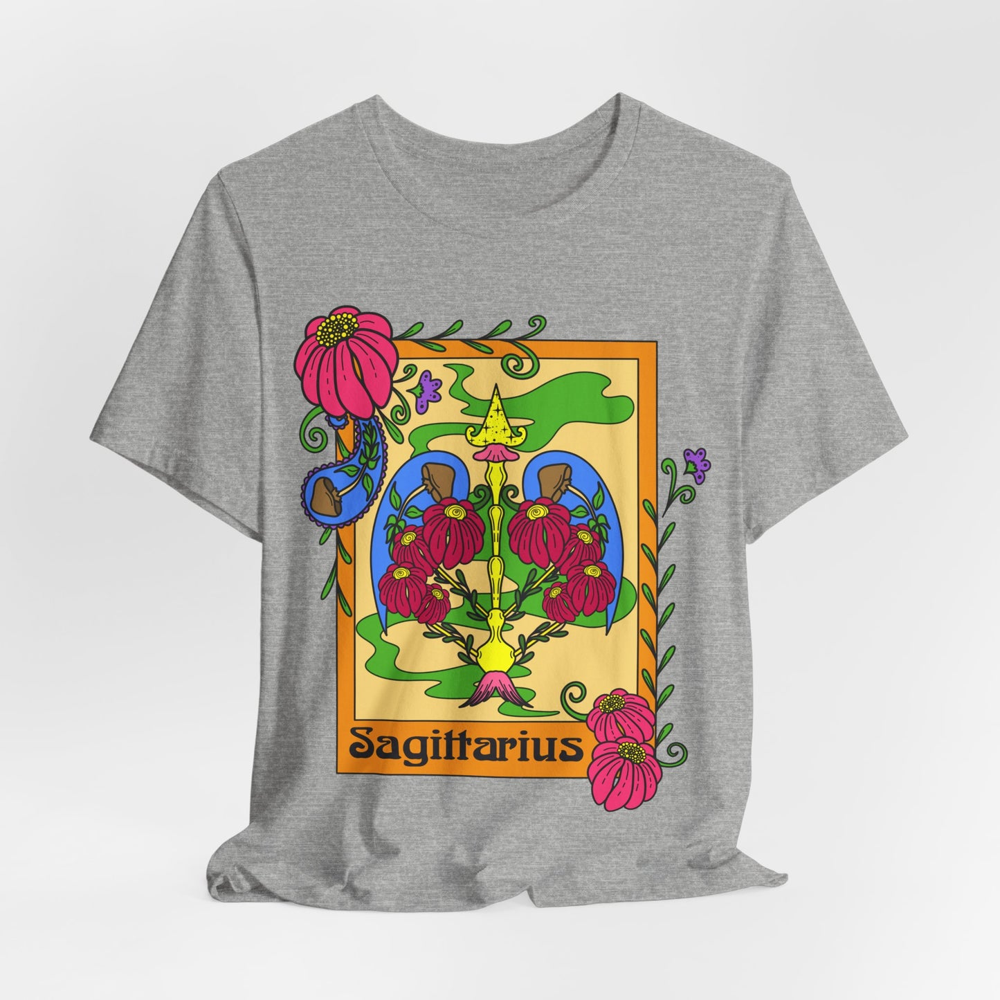 Sagittarius star sign T-Shirt, Bow and arrow zodiac astrology top, Horoscope birthday gift Tee, Bold retro colourful Design tshirt