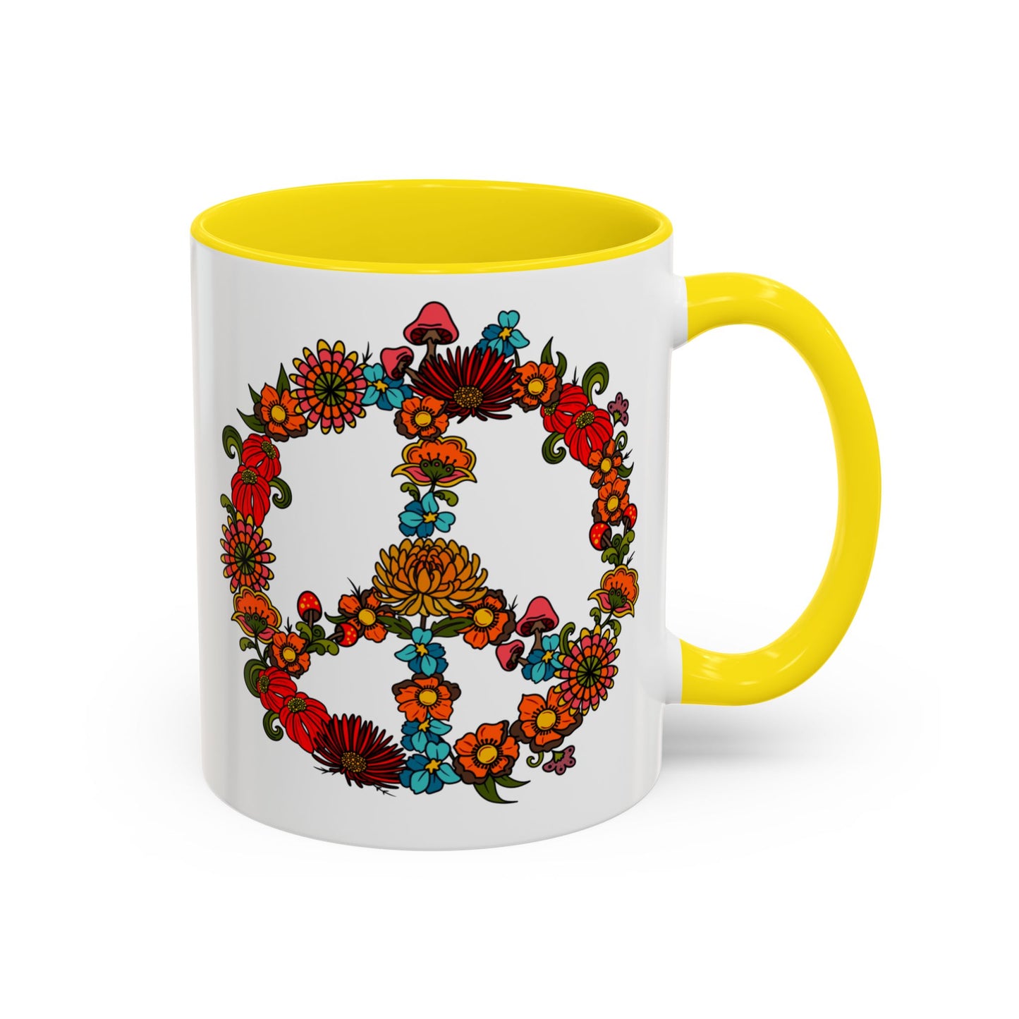 Hippie Peace Sign mug, Retro Floral 60s 70s tea and coffee cup, Colourful CND flower power ceramic mug