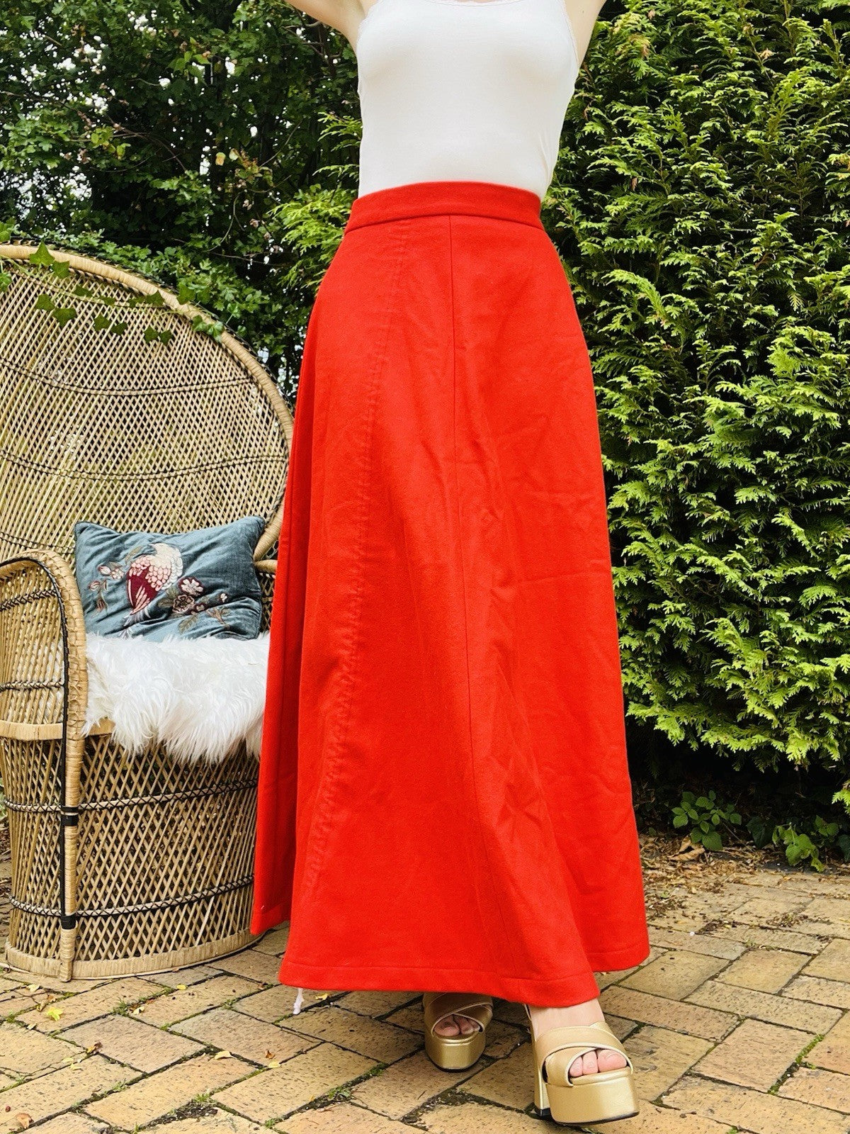 Vintage 1960s Maxi Skirt High Waist Long Skirt With Draw String Ruffle Red 12