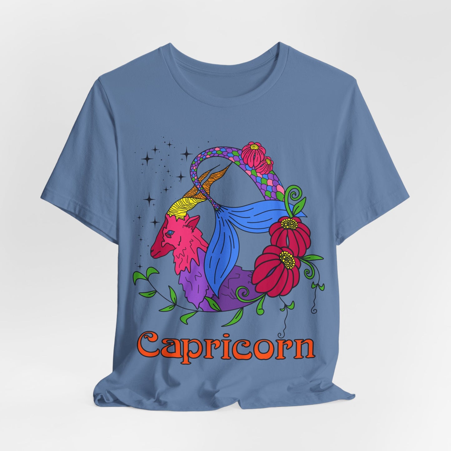 Capricorn star sign T-Shirt, Sea goat zodiac astrology top, Horoscope birthday gift Tee, Bold retro colourful Design tshirt