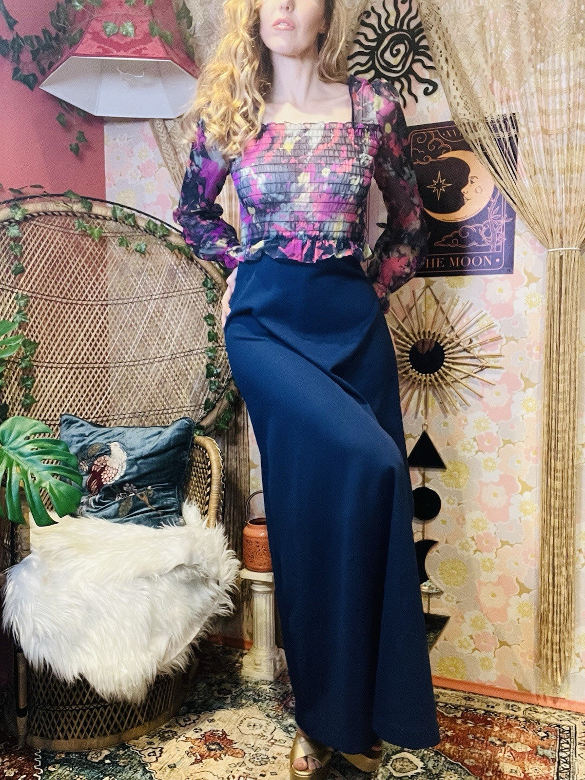 Vintage 1980s Maxi Dress Sheer Peplum Long Sleeve Square Neckline Blue Size 12