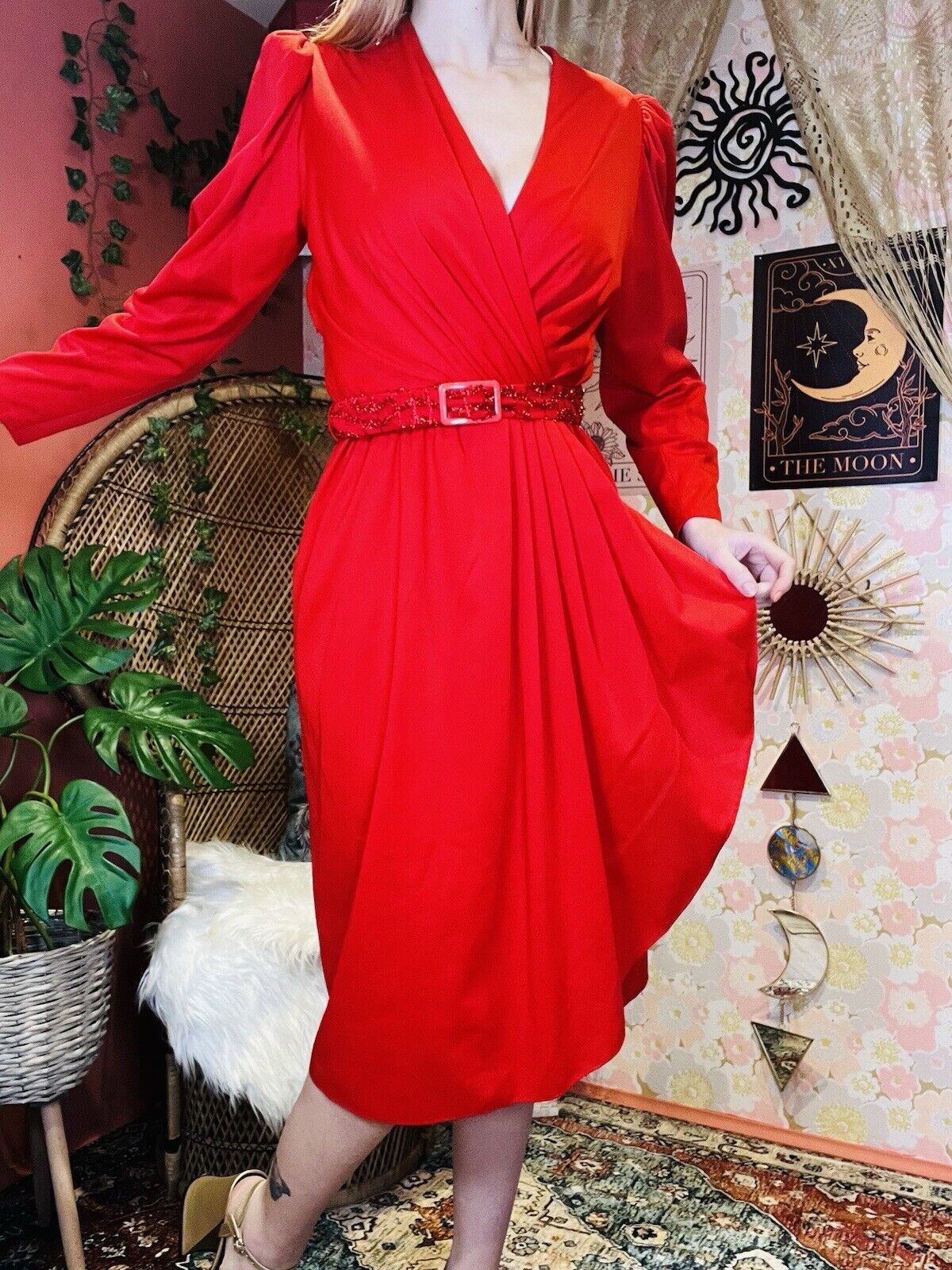 Vintage 1980s Wrap Style Dress Long Sleeve With Sparkly Belt Red Size 10