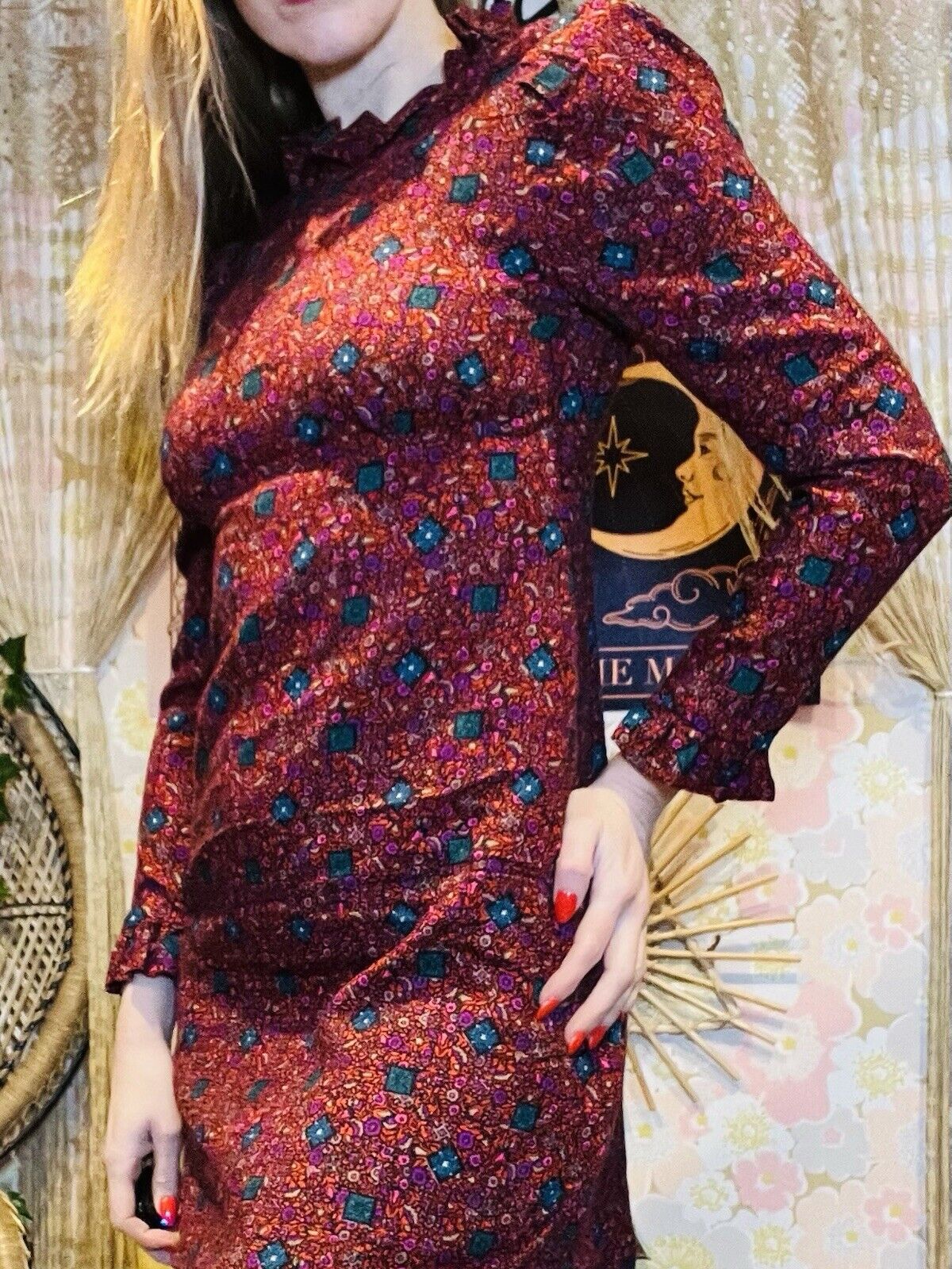 Vintage 1960s Mini Dress Mod Gogo Pyschadelic High Neck Long Sleeve Red Size 6