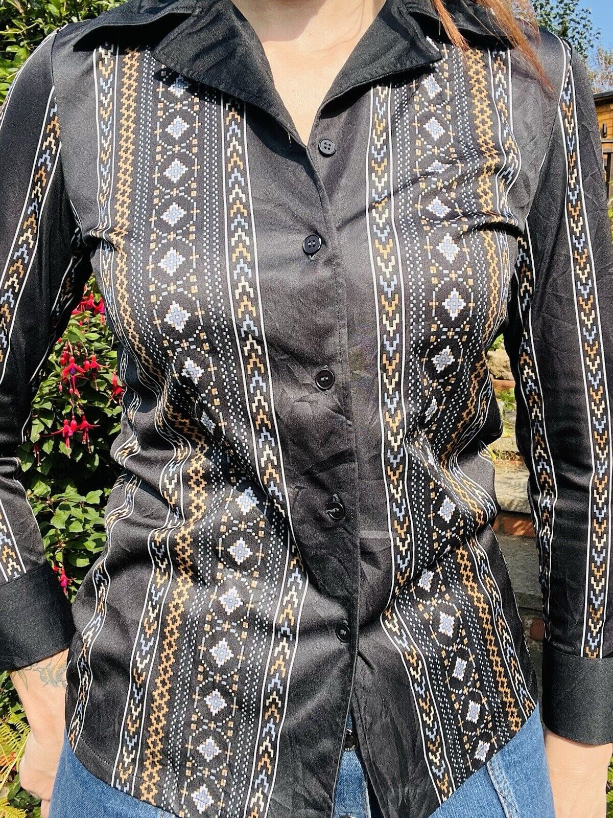 Vintage 1980s Abstract Shirt Aztec Striped Print Long Crpped Sleeve Blouse 8