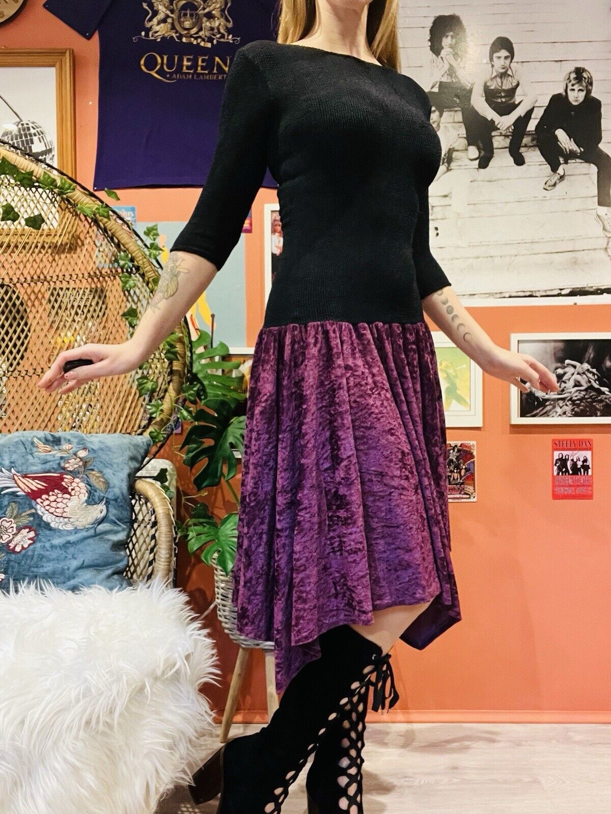 Vintage 90s Velvet Dress By Crystal Whimsigoth Low Back & Bow Black Purple 8-10