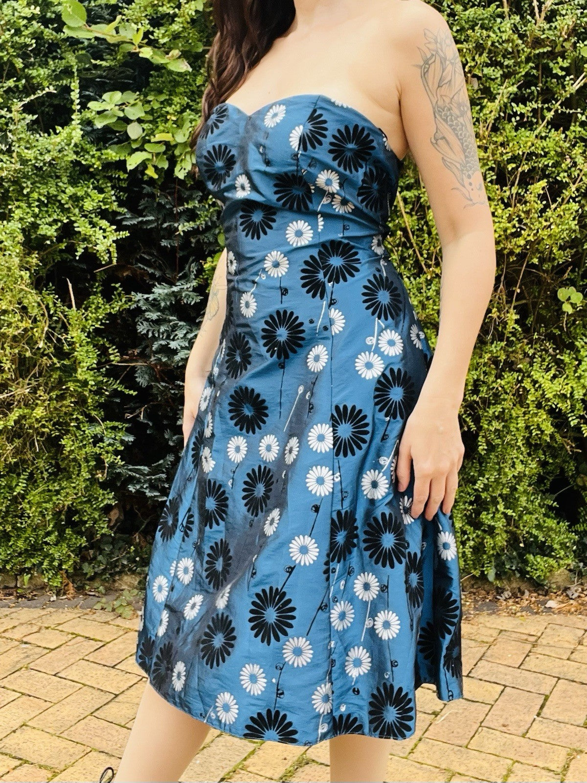 Vintage 1990s Cocktail Dress, Strapless A Line With Floral Daisy Print, Blue 16