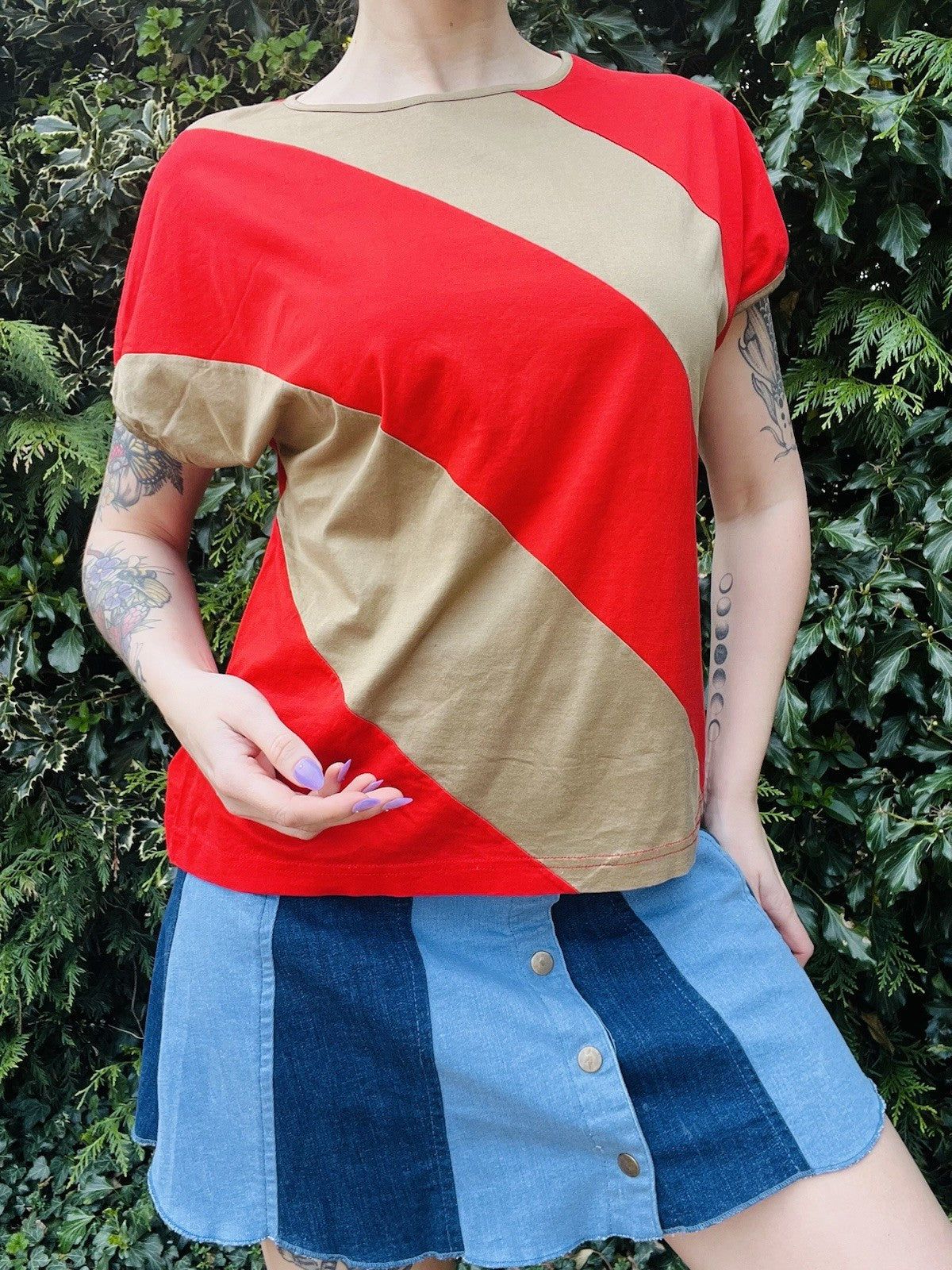 Vintage 1990s Striped T-shirt Bold Block Colour Red Beige Retro Top Size 16