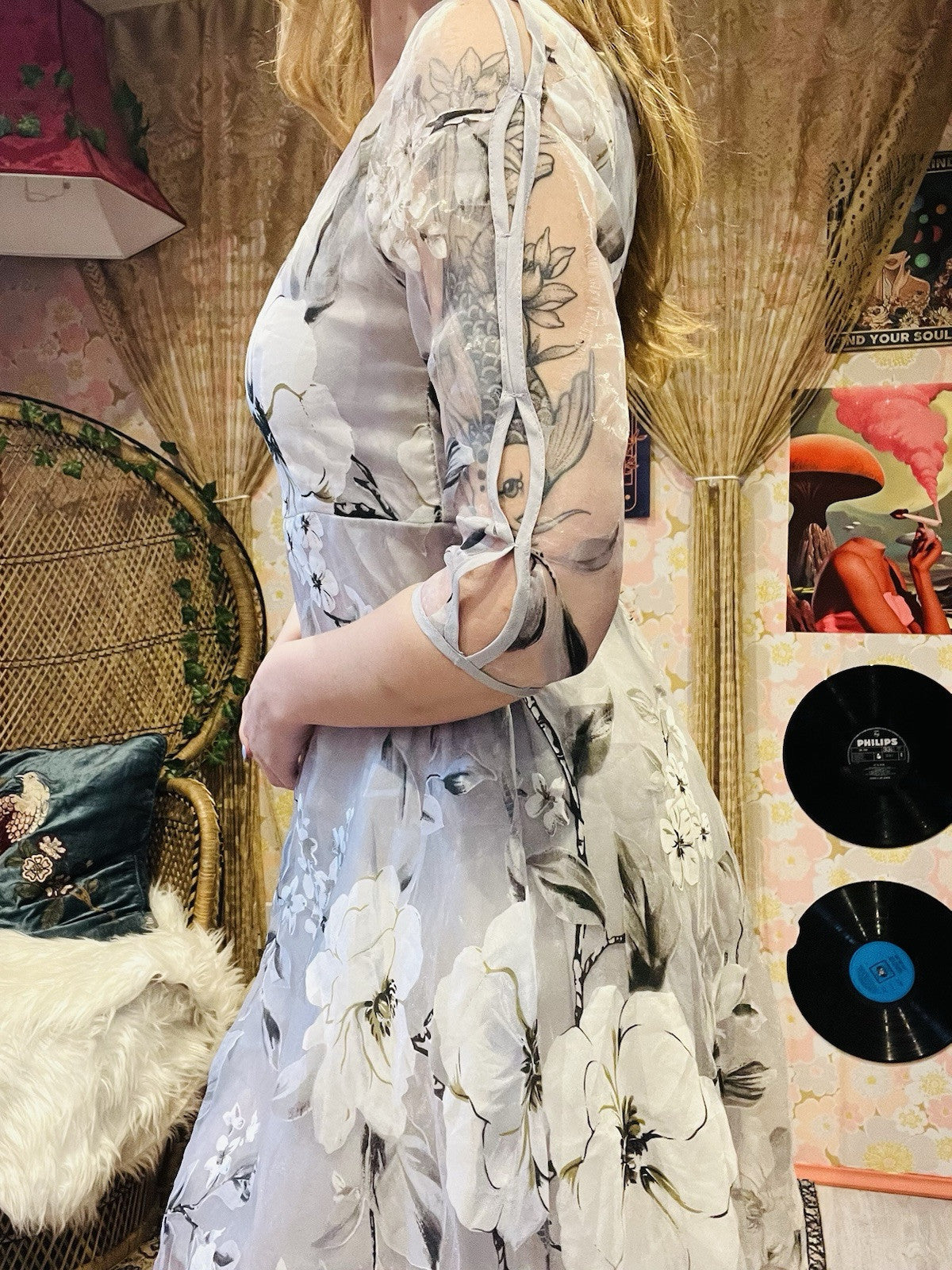 Layered Floral Summer Dress By Gorgeous Floaty Overlay Sheer Sleeves Grey 10